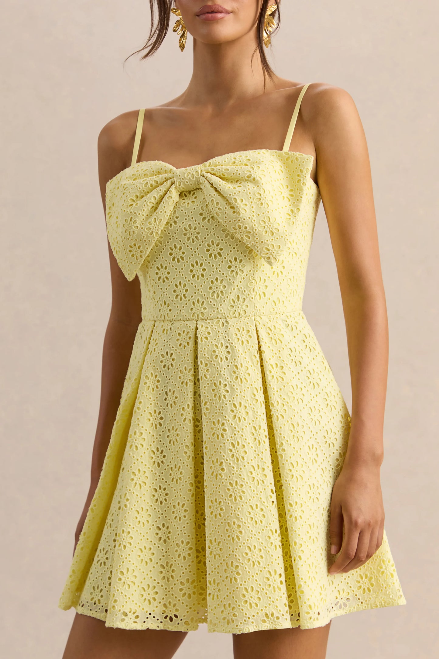 Elina Lemon Square-Neck Mini Dress With Bow Detail