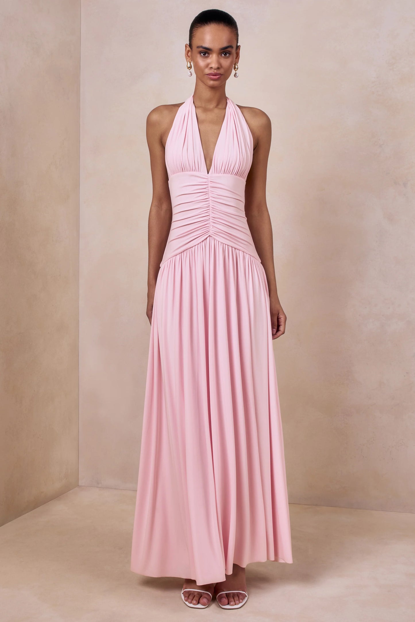 Bettina Pink Plunge-Neck Maxi Dress With Gathered-Detailing