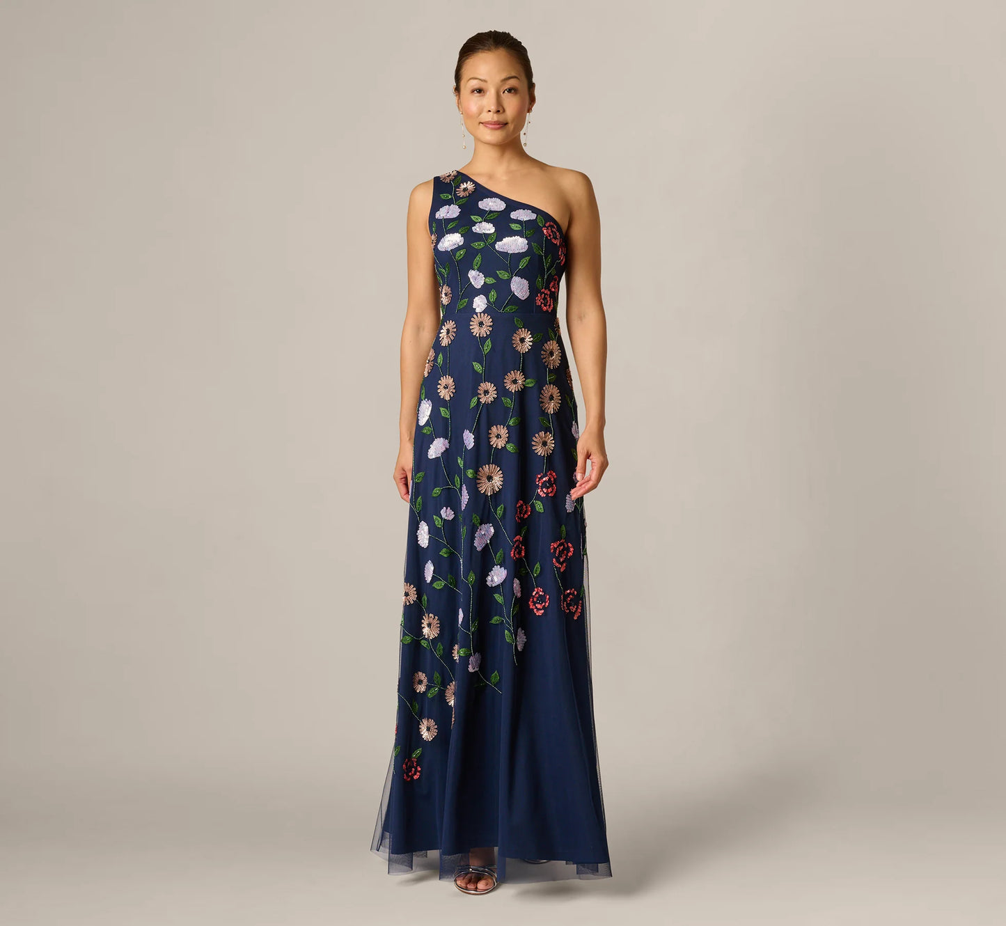 One Shoulder Floral Garden Beaded Gown In Navy Multi