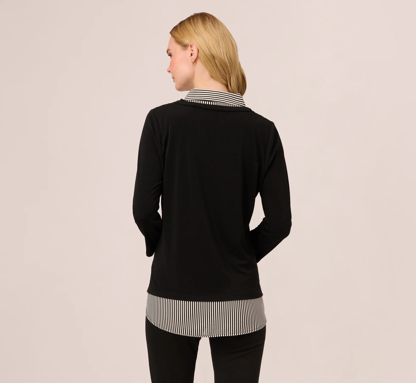 Three Quarter Sleeve Sweater With Button Down Accents In Blackw Black Ivorysmall Stripe