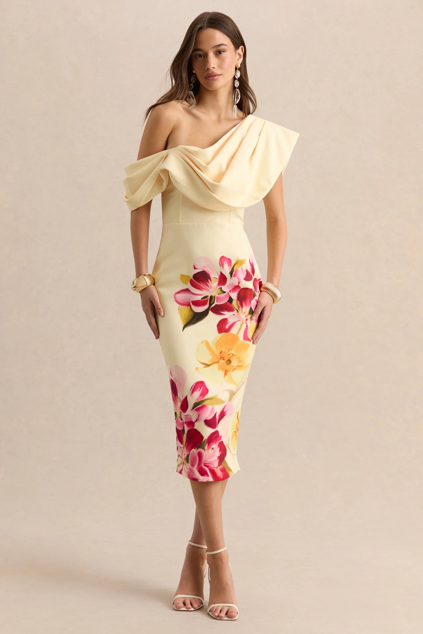 Adrina Hot Pink & Lemon Floral Print Draped One Shoulder Midi Dress