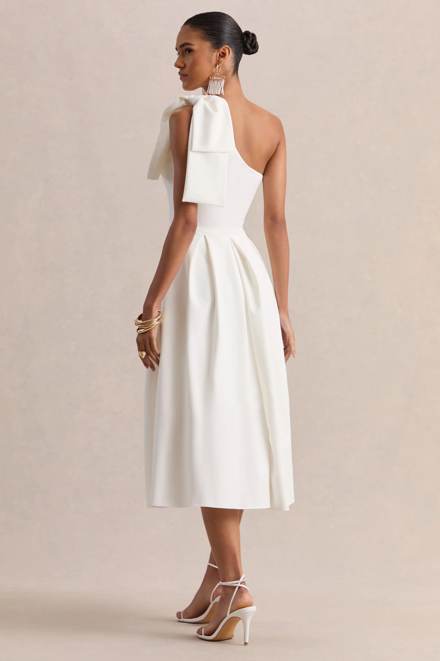 Meria White Asymmetric-Neck Midi Dress With Bow-Sleeve