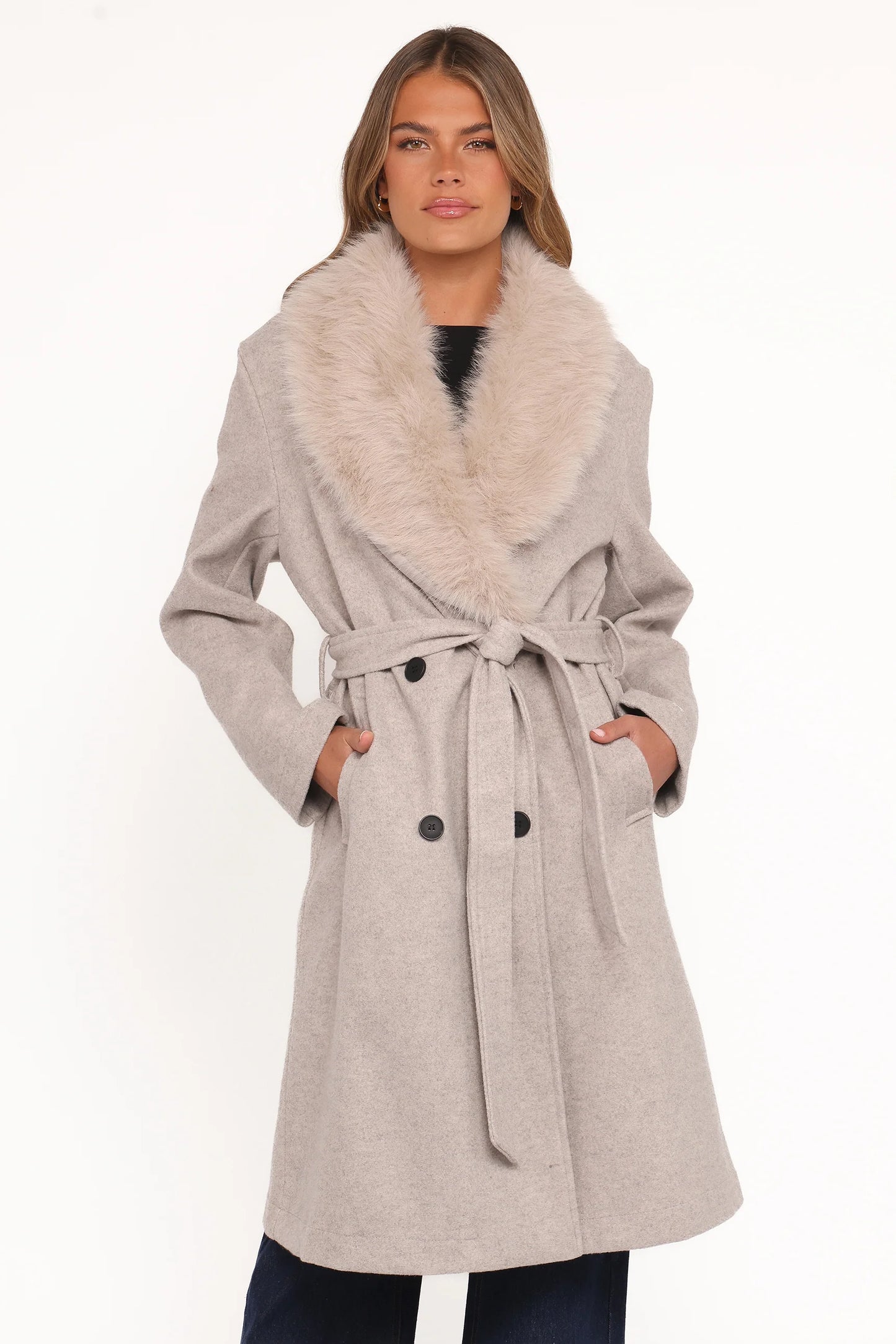 Nina Fur Collar Tie Waist Coat - Cream