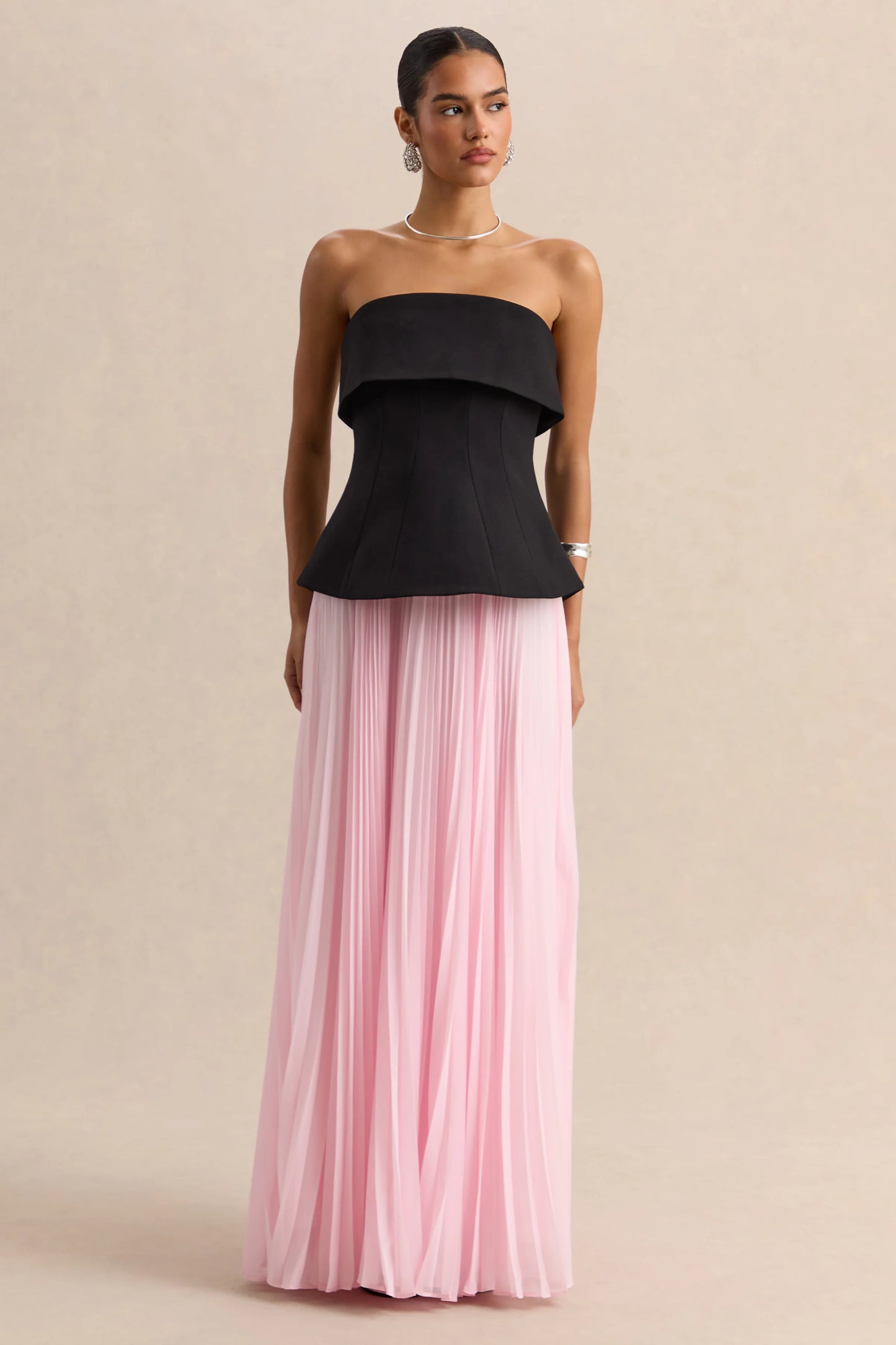 Stellara Black & Pink Bandeau Corset Maxi Dress With Sheer Skirt