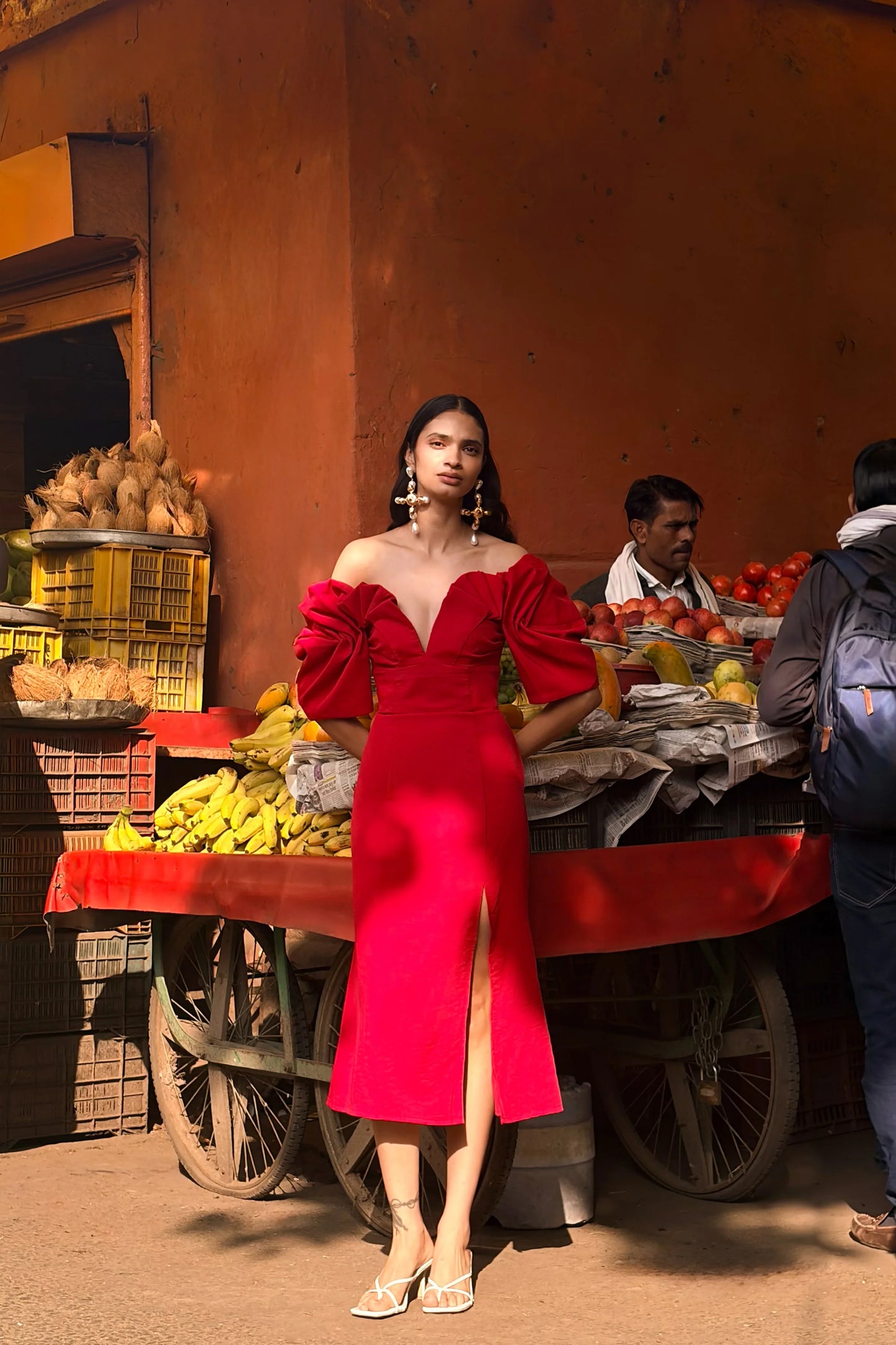 Fiona Red Plunge-Neck Split Midi Dress