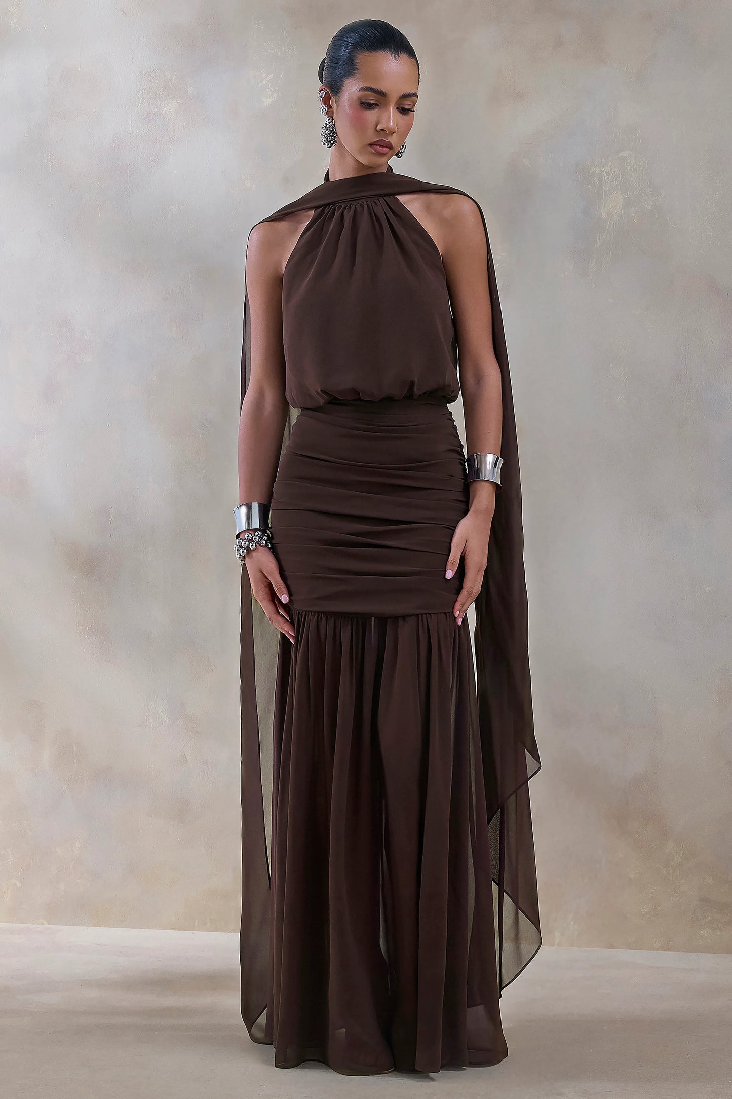 Veronique Brown Halter-Neck Maxi Dress