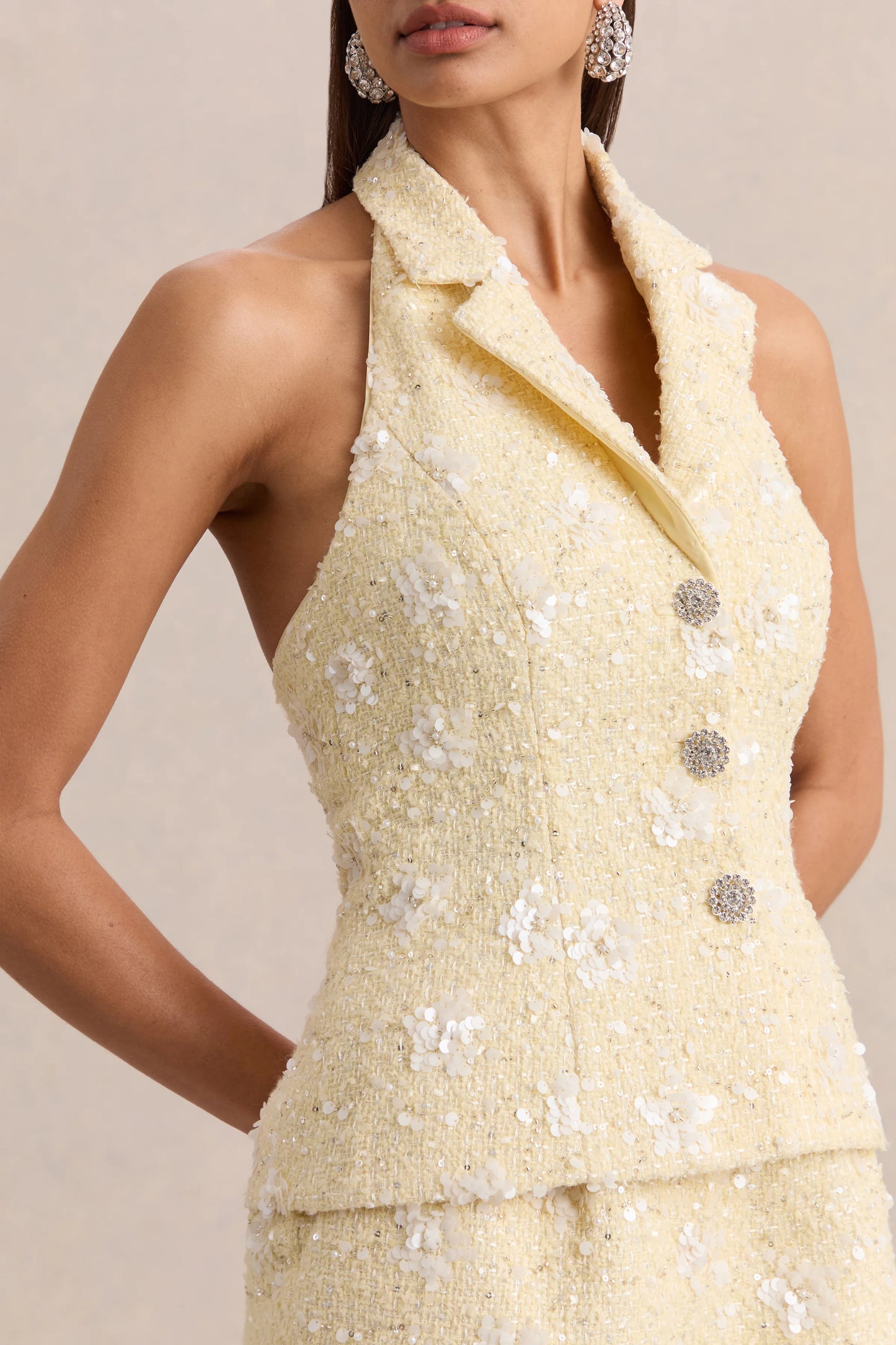 Alba Lemon Boucle Plunge-Neck Crop-Top