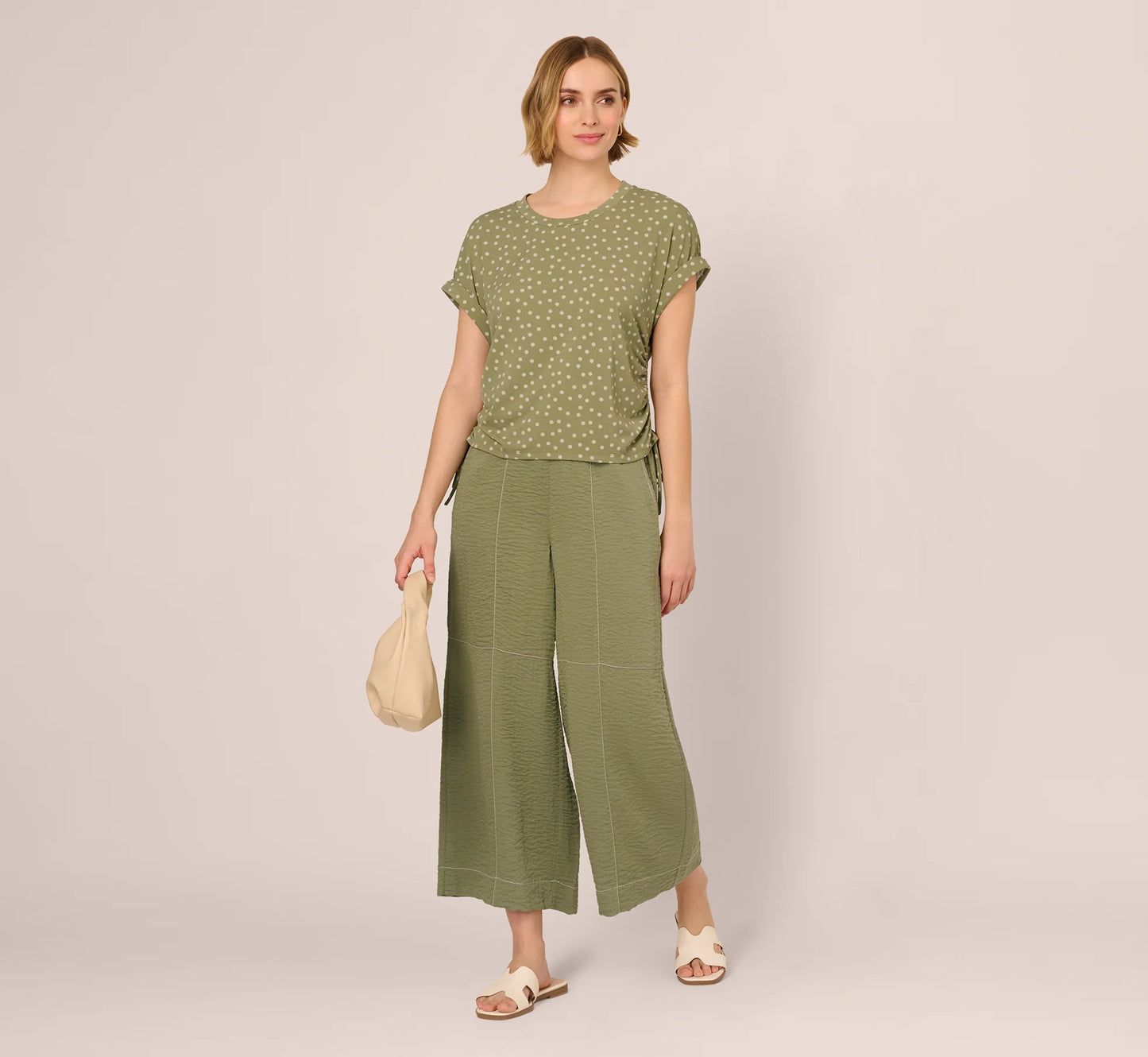 Contrast Stitching Crinkle Midi Pant In Oil Green Ivory