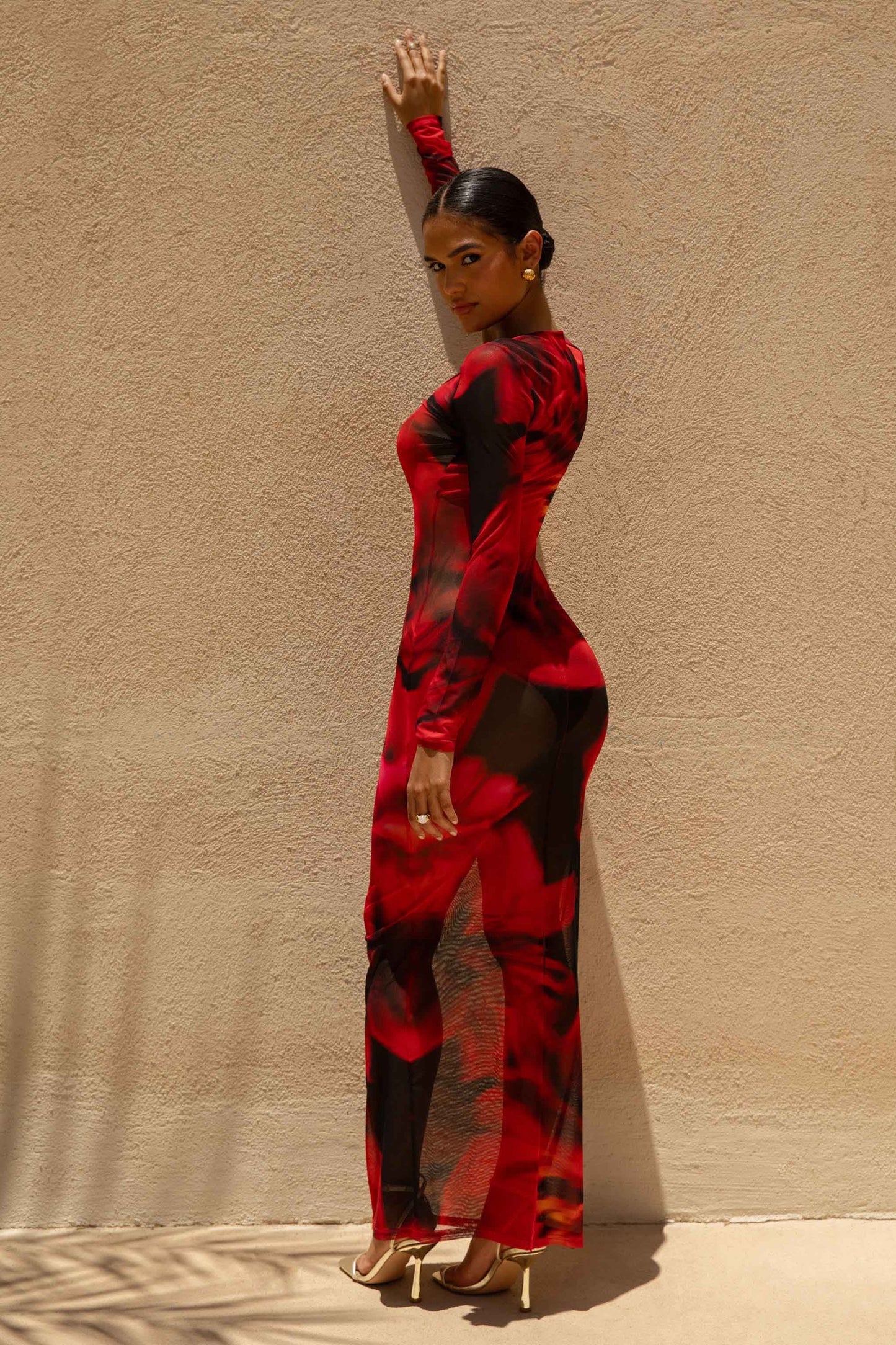 Marcy Red And Black Floral Print High-Neck Maxi Dress