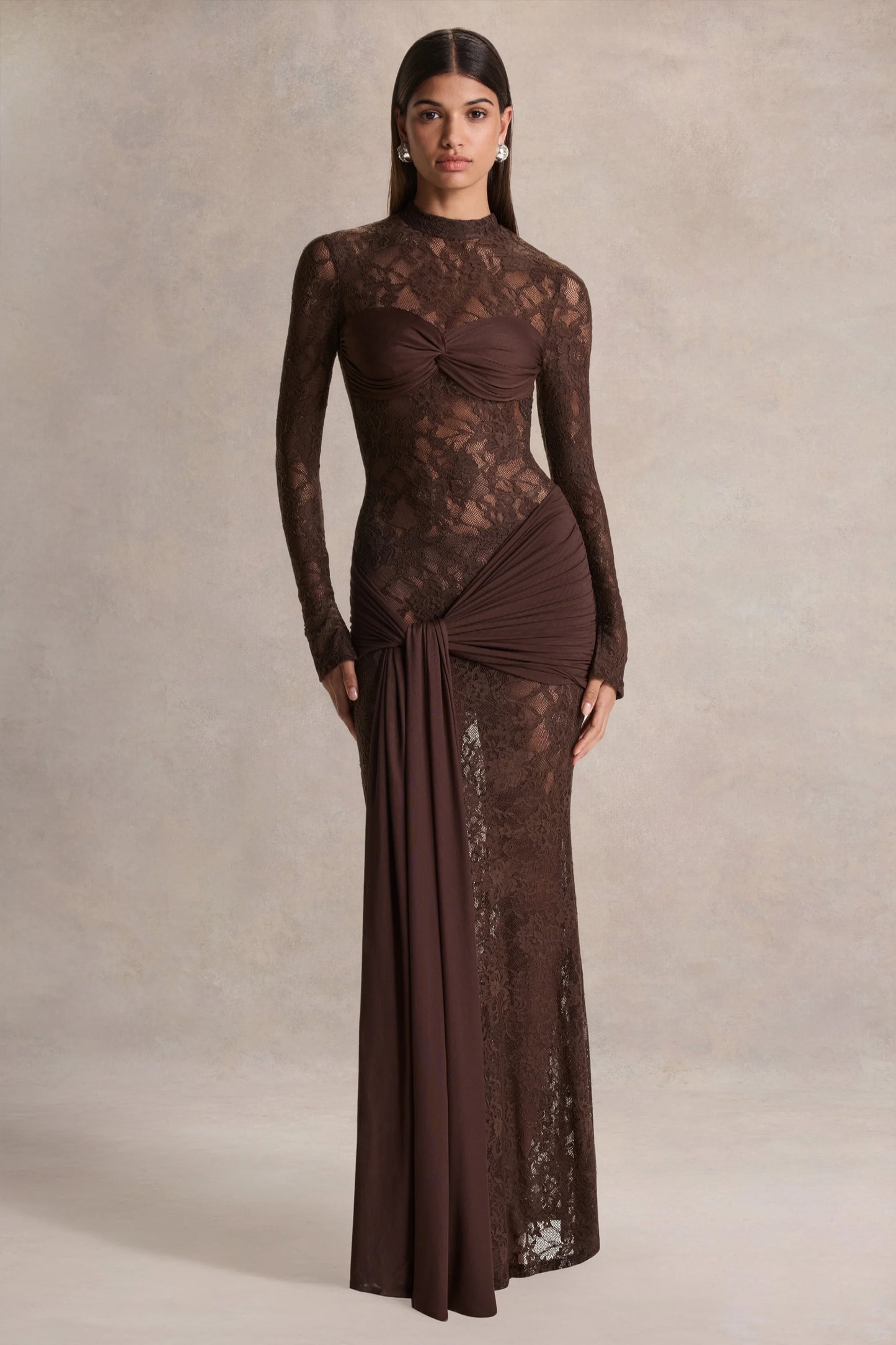 Akira Brown Lace Maxi Dress With Sash-Detail