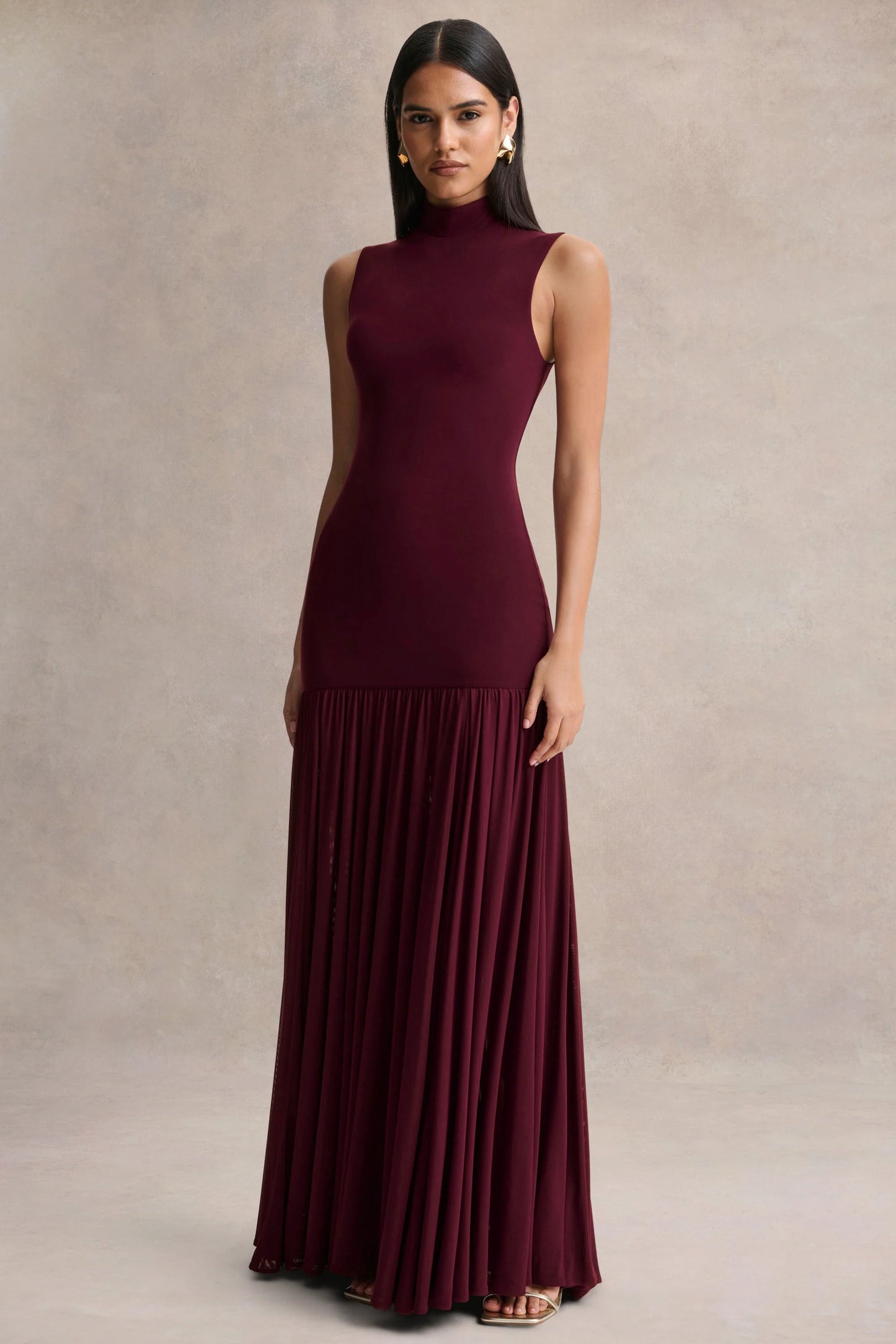 Gigi Burgundy High-Neck Maxi Dress With Drop-Waist And Sheer Skirt