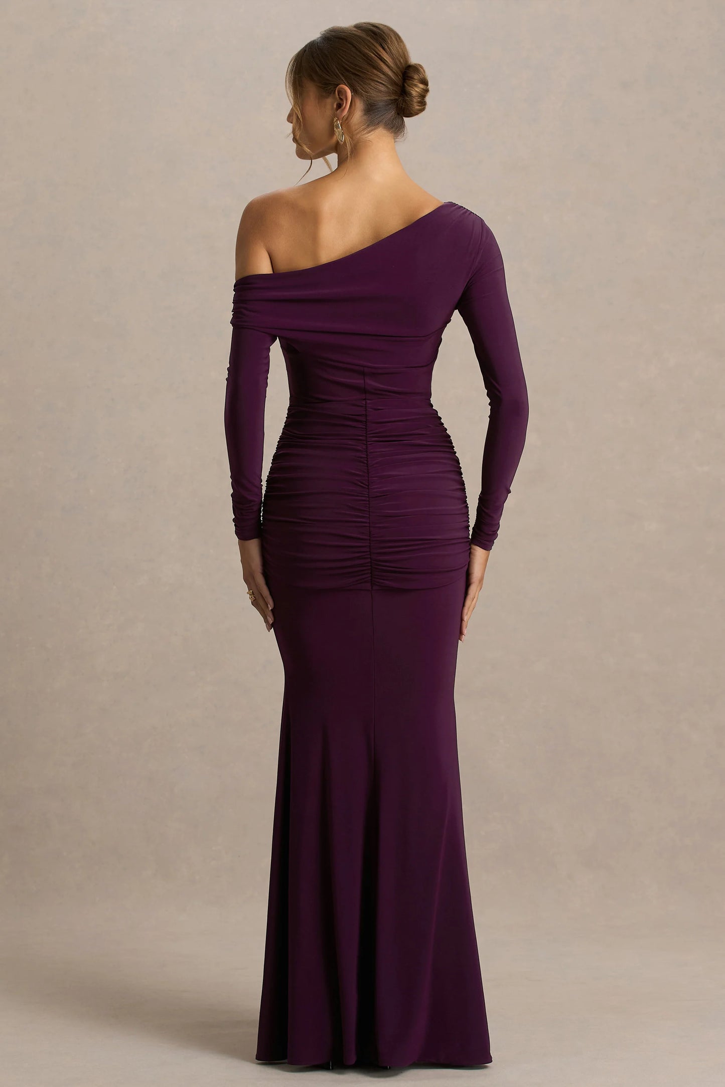 Clover Burgundy Asymmetric-Neck Wrapped Maxi Dress With Sash
