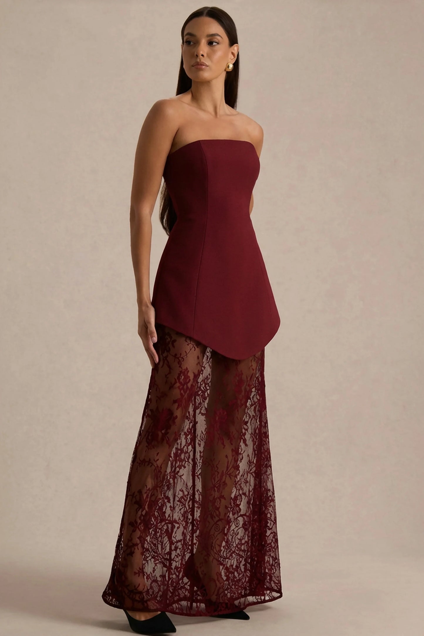 Brandi Burgundy Bandeau Maxi Dress With Lace Skirt