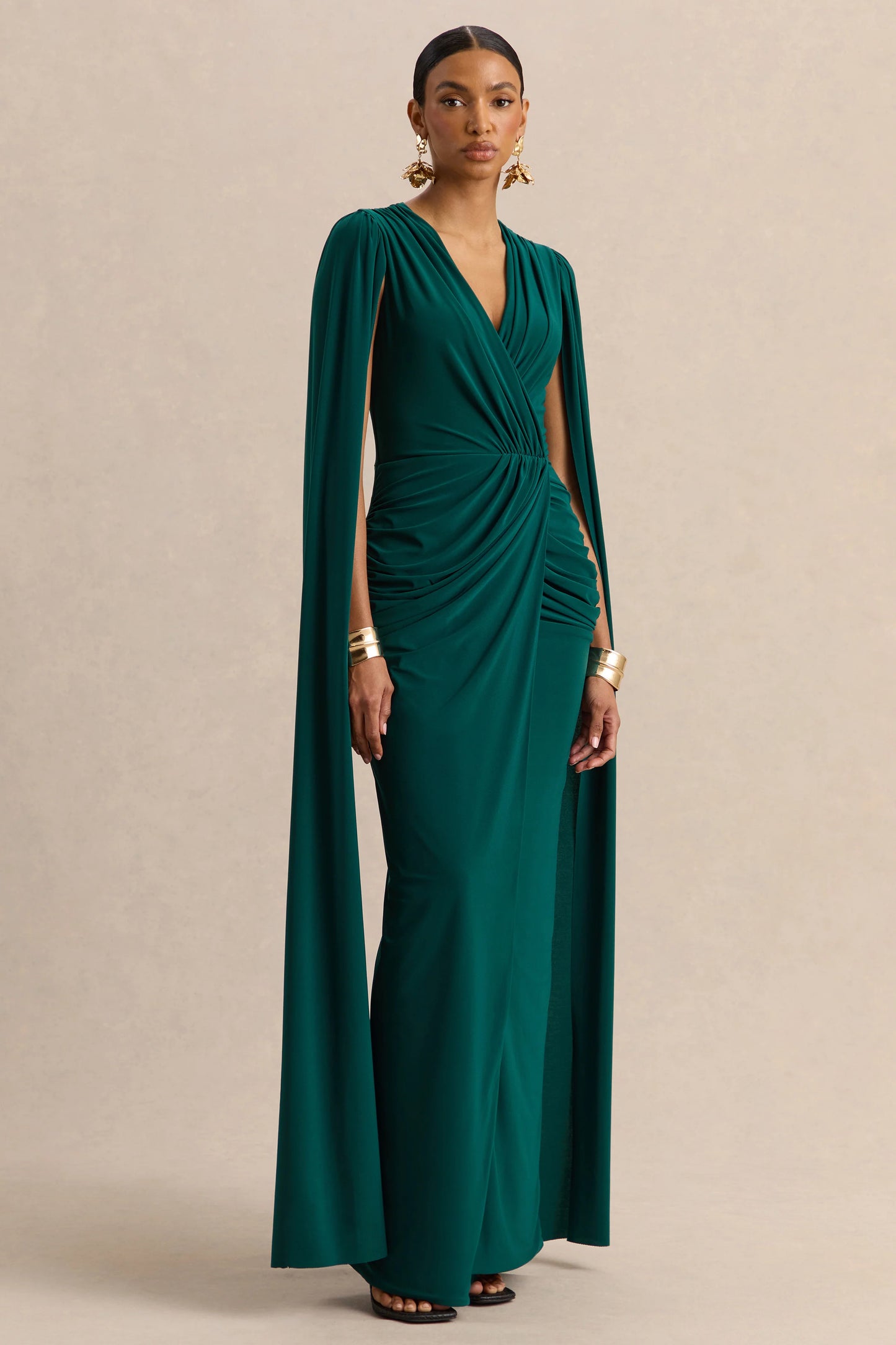Ulissia Bottle Green V-Neck Maxi Dress With Cape-Sleeves