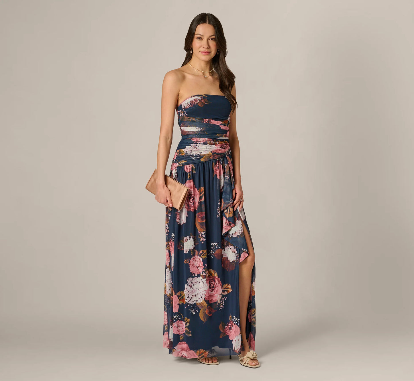 Strapless Ruched Floral Stretch Mesh Gown In Navy Multi