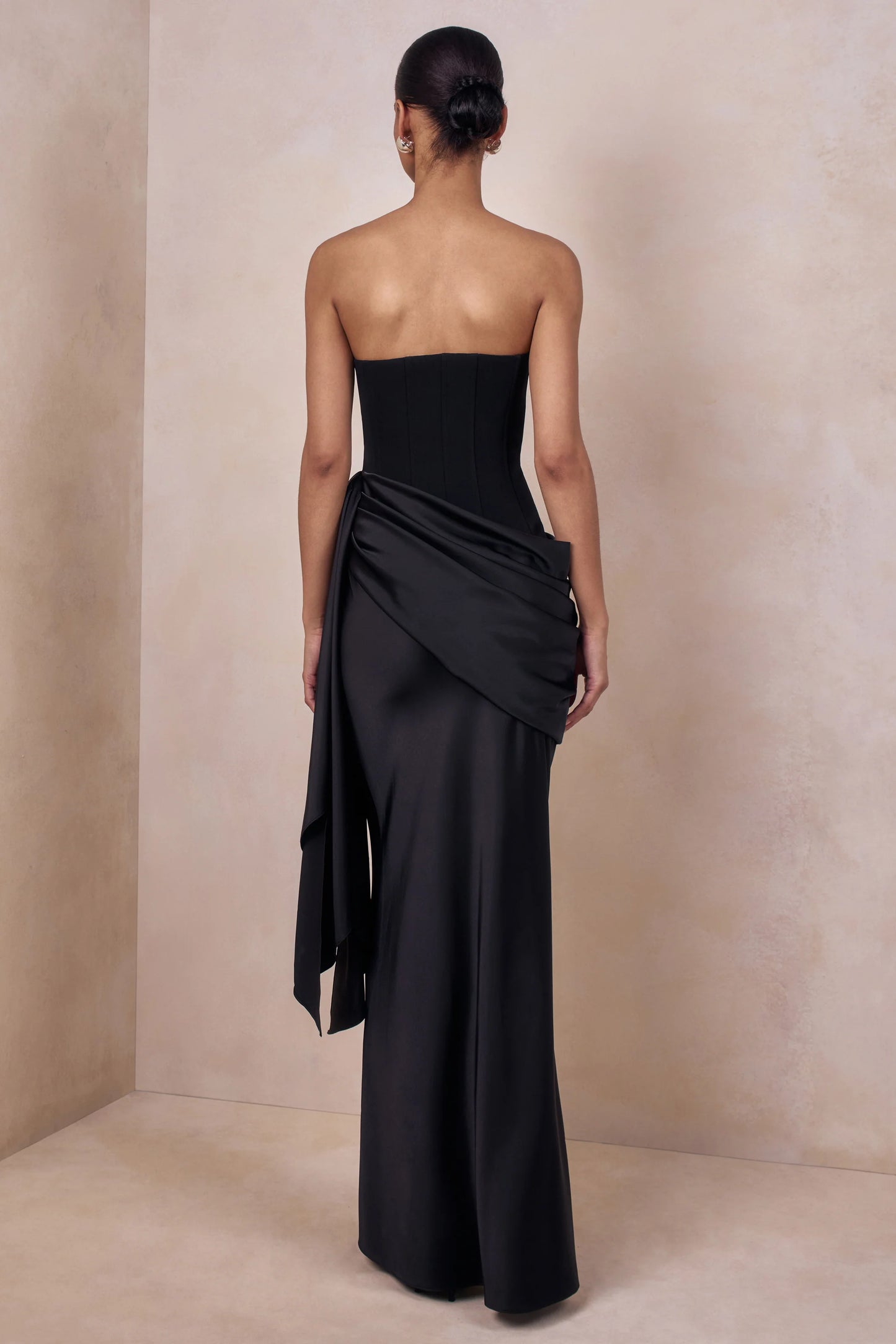 Nalira Black Satin Bandeau Maxi Dress With Draped Skirt