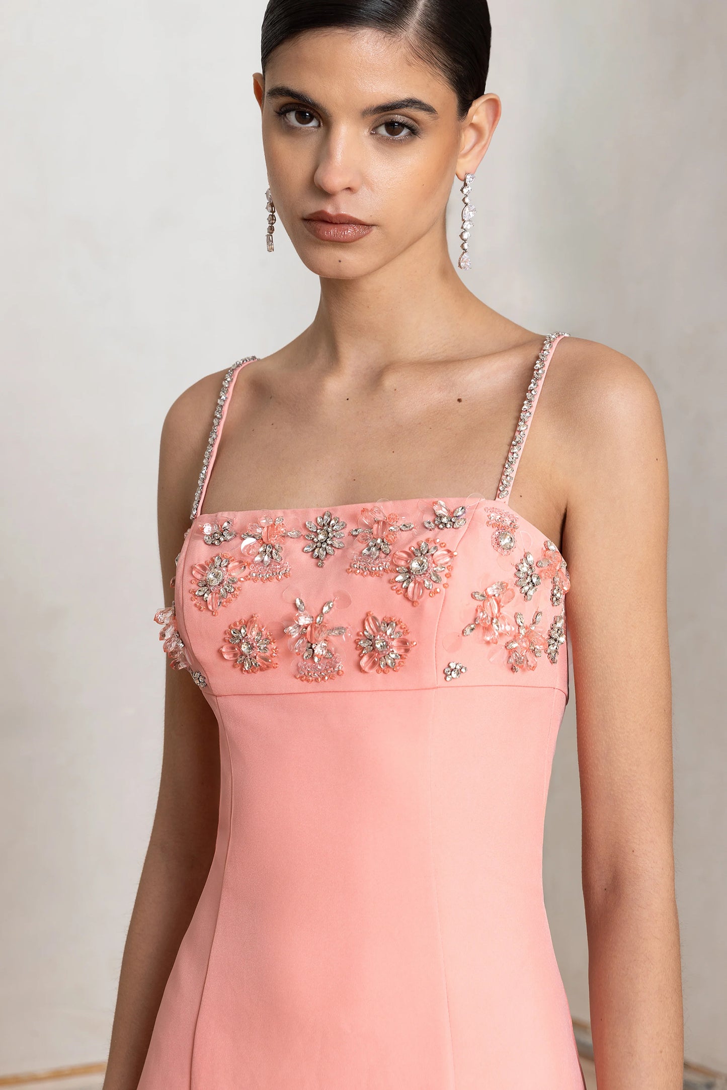 One To Remember Coral Square-Neck Embellished Midi Dress