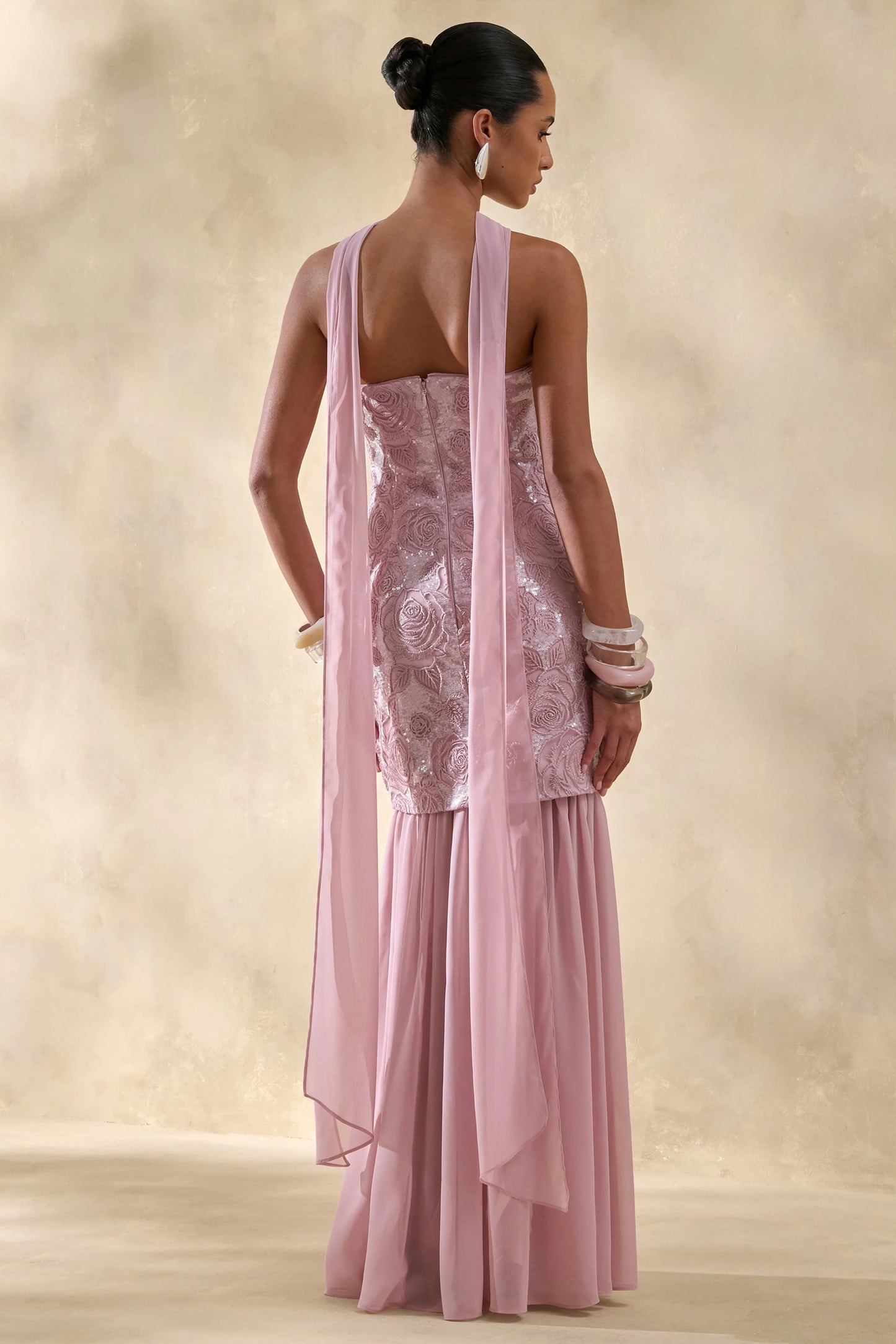 Meraly Pink Sequin Bandeau Maxi Dress With Scarf-Detail