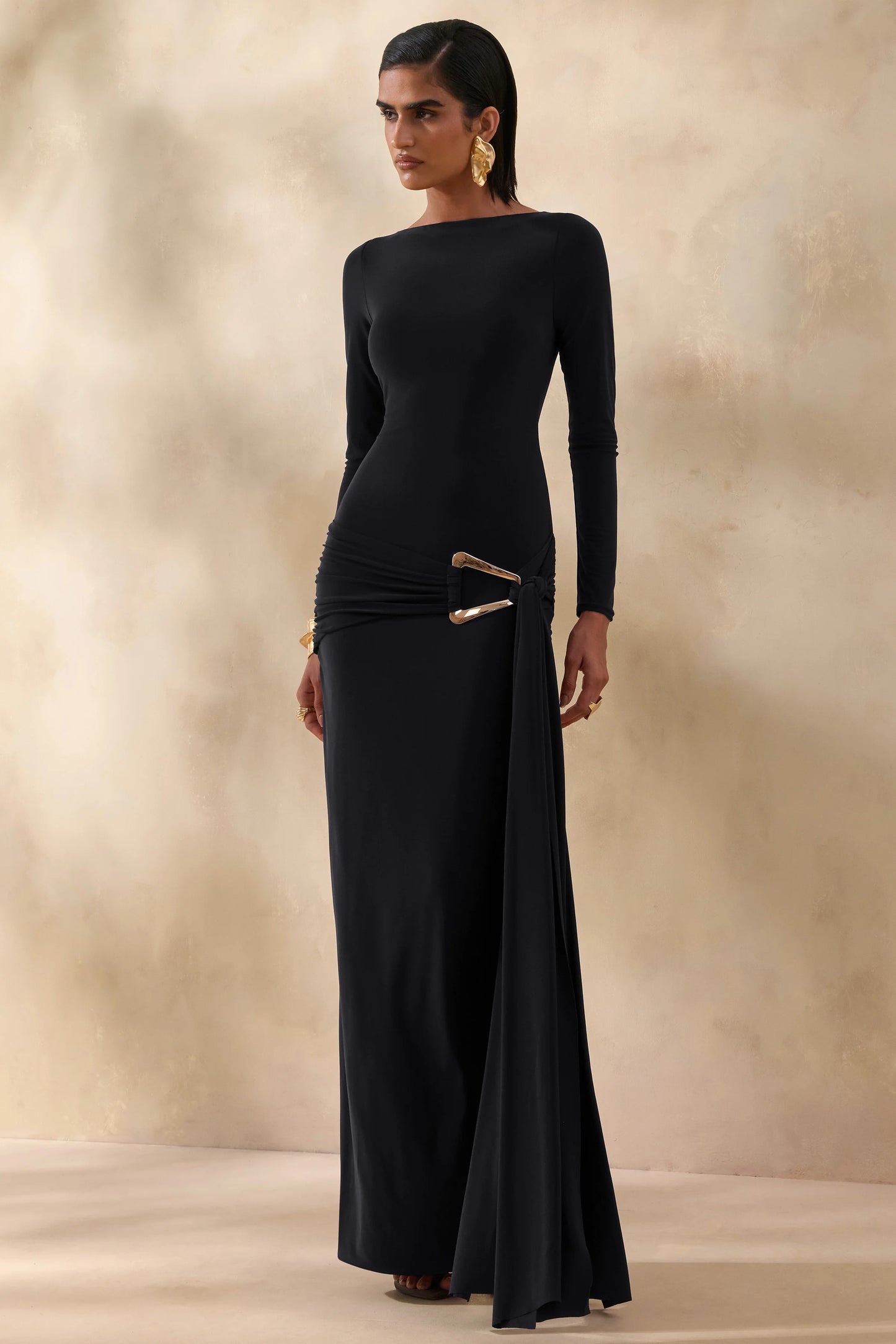Astrielle Black Wide-Neck With Gold-Detail And Sash