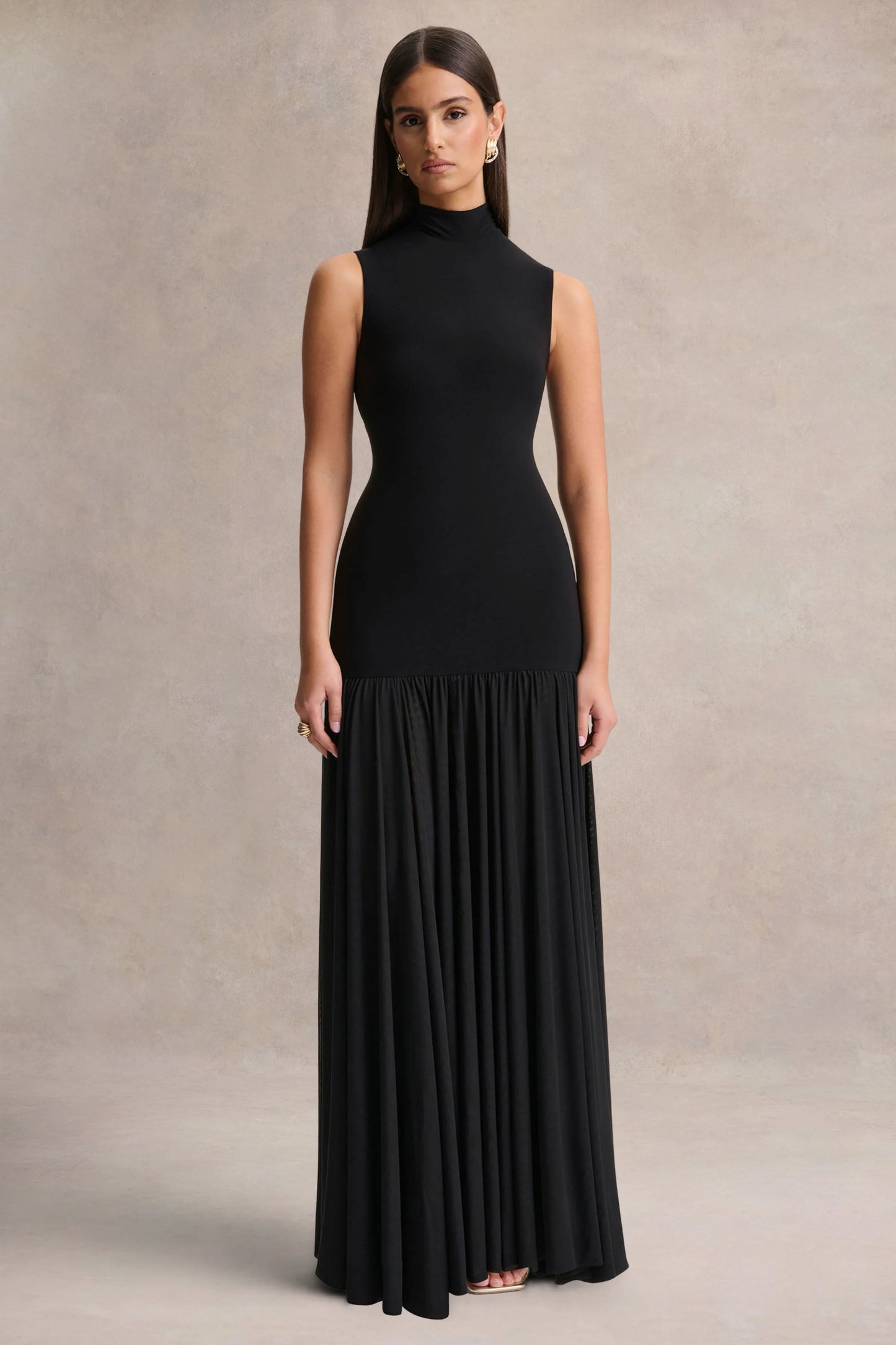 Gigi Black High-Neck Maxi Dress With Drop-Waist And Sheer Skirt