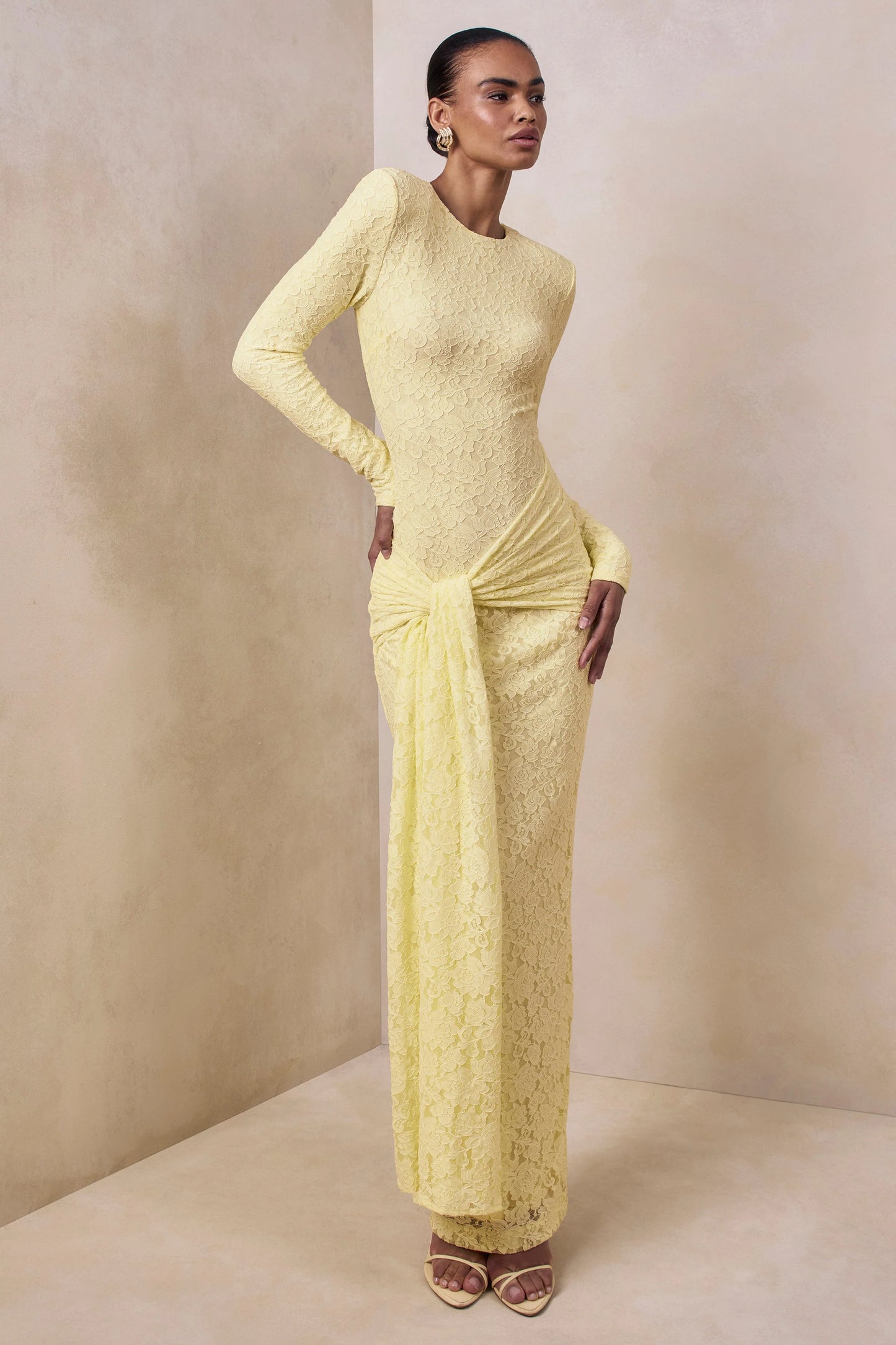 Evangela Lemon Lace Crew-Neck Maxi Dress With Wrap-Detail