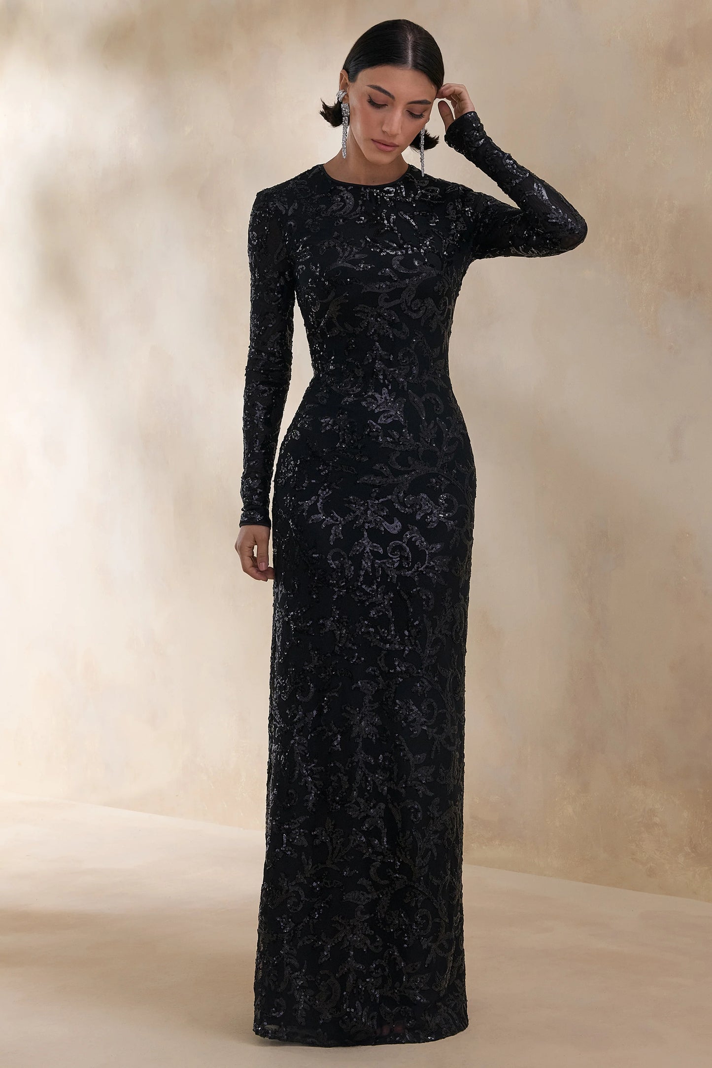 Stellar Black Embellished Lace High-Neck Maxi Dress With Long Sleeves