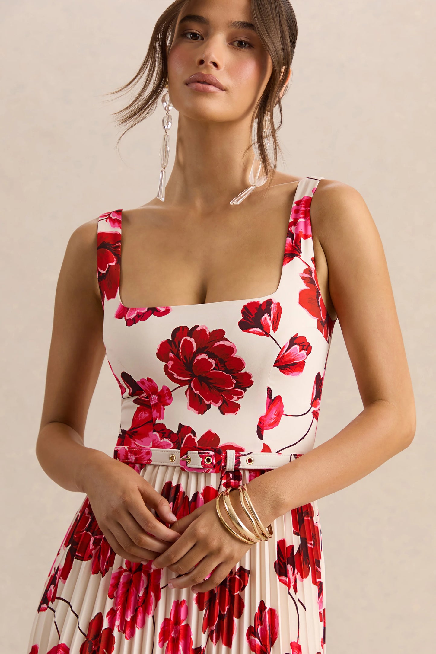 Danika Hot Pink Floral Print Square-Neck Belted Maxi Dress With Pleated Skirt
