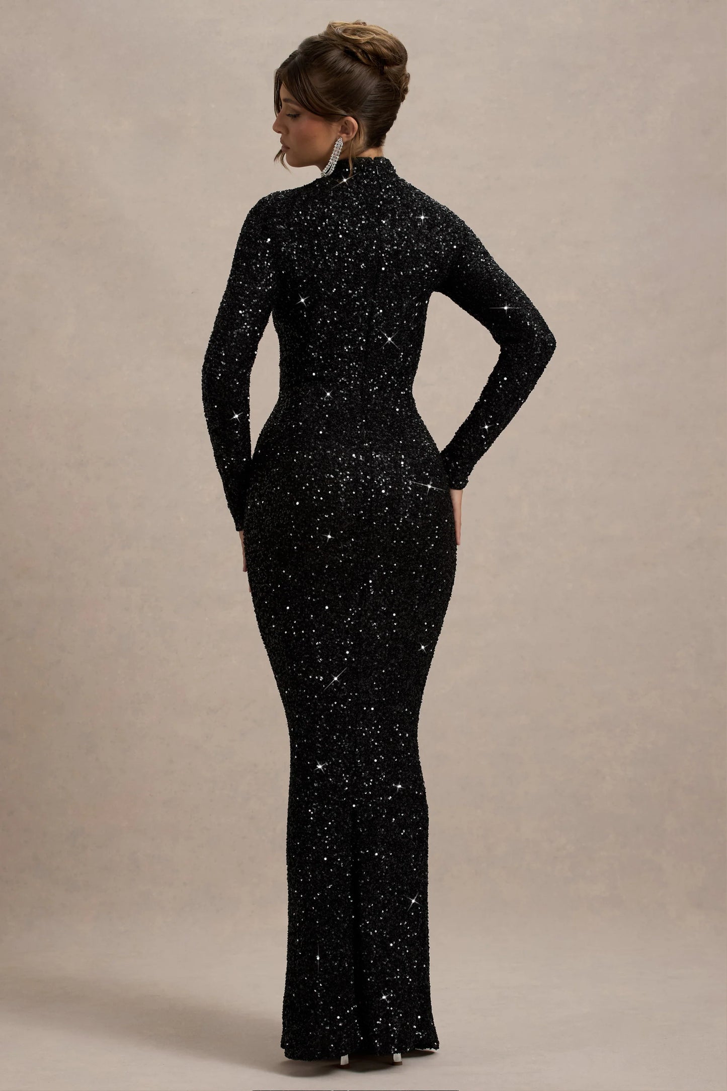 Galaxy Black Sequin Turtle-Neck Long-Sleeve Maxi Dress