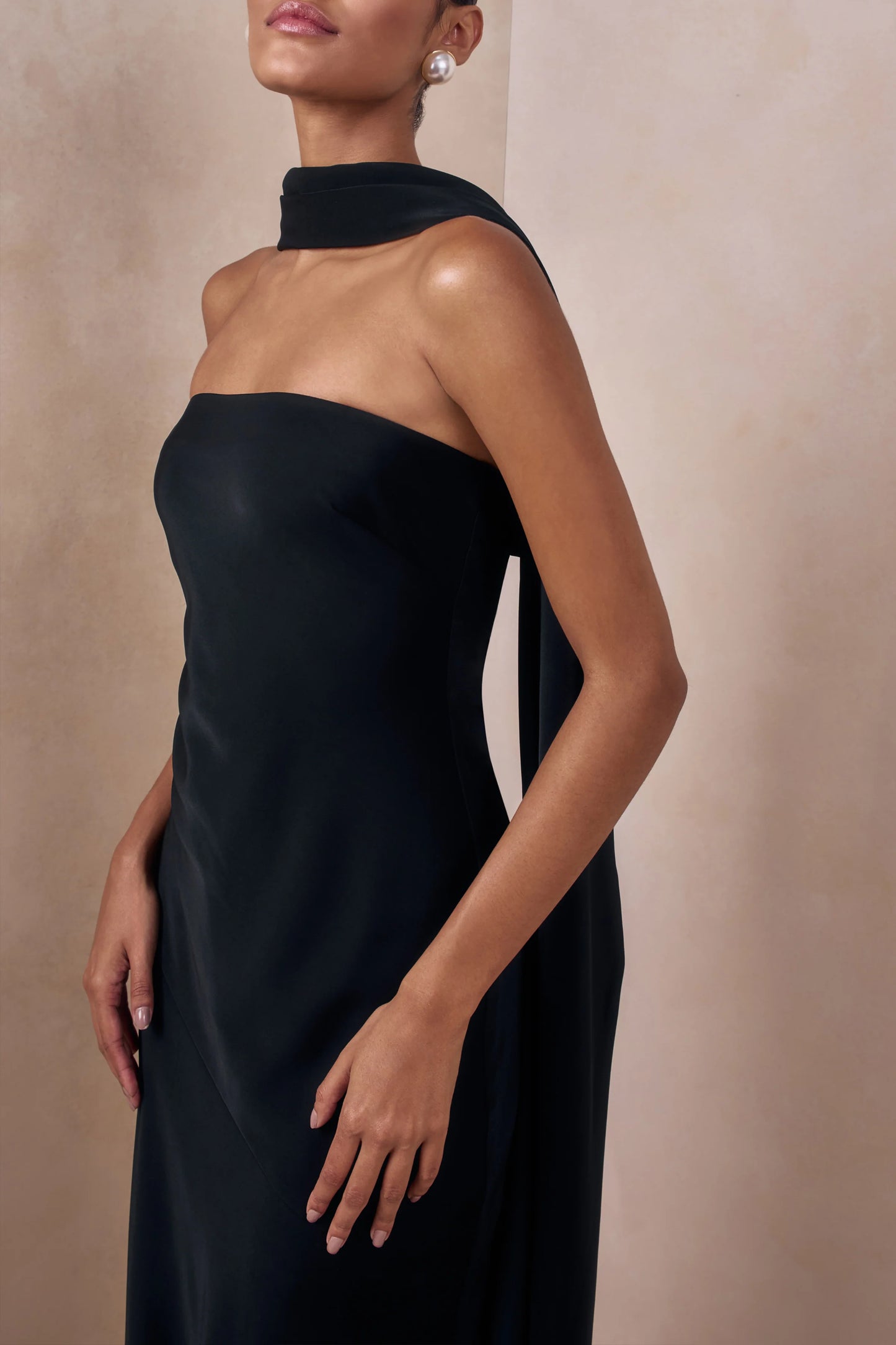 Charly Black Matte Satin Bandeau Maxi Dress With Scarf-Detail