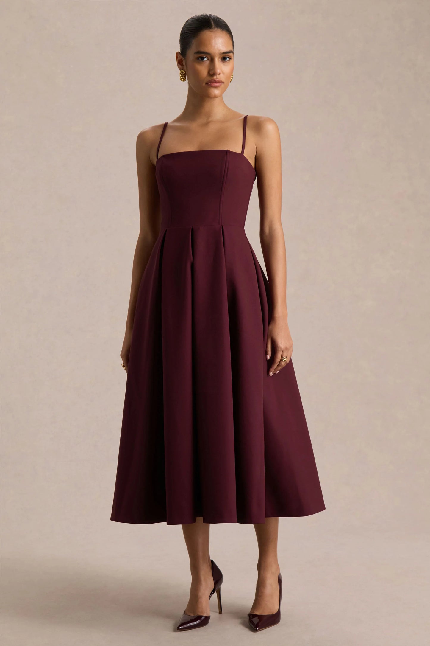 Thalia Burgundy High-Neck Midi Dress With Sheer Mesh Cape