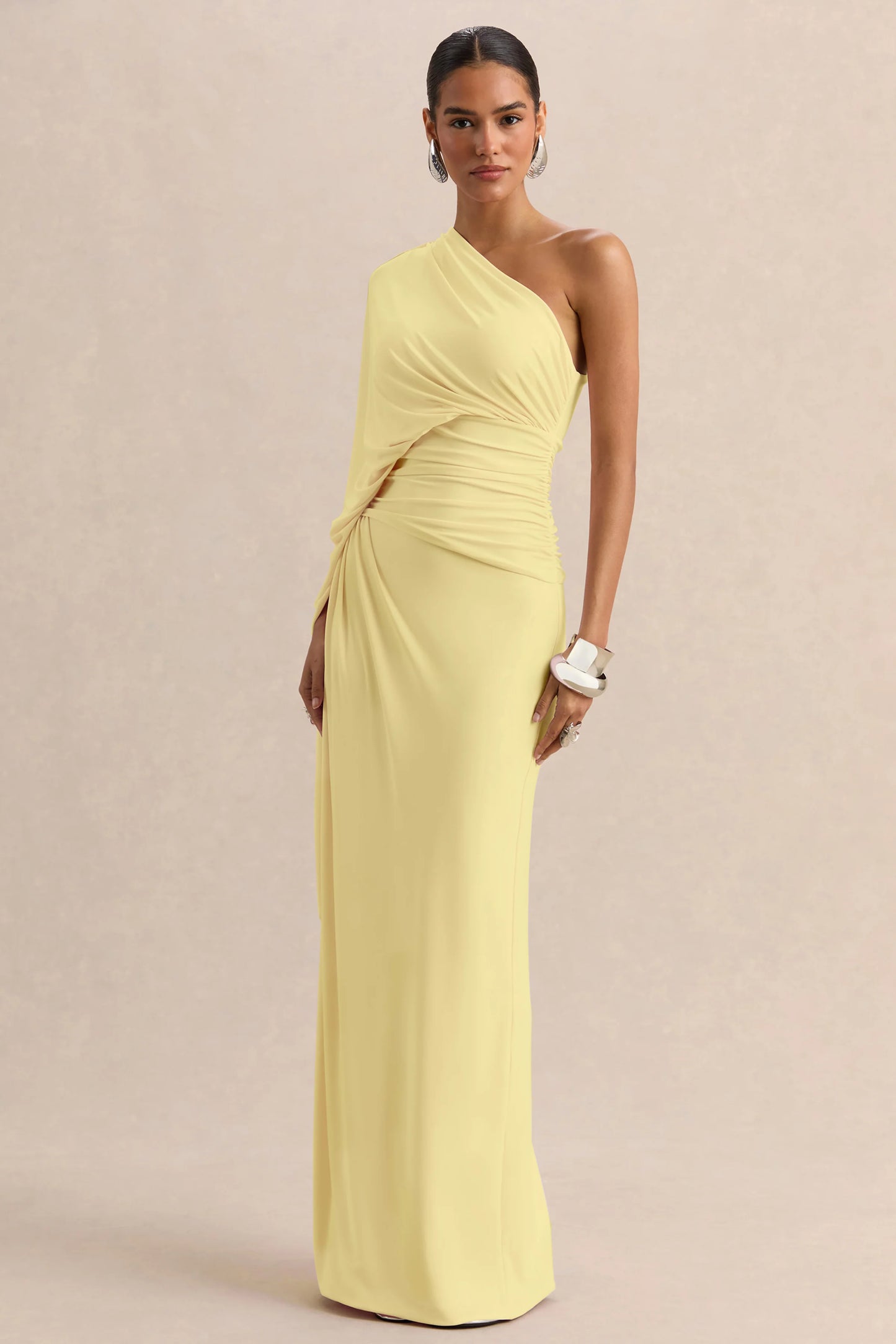 Sabella Lemon Asymmetric-Neck Maxi Dress