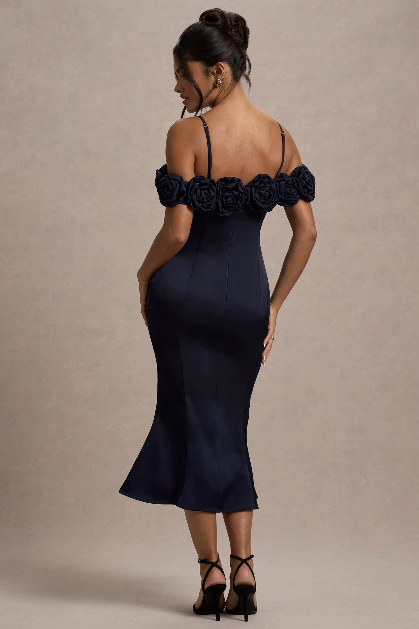 Petunia Navy Satin Floral Bardot Midi Dress