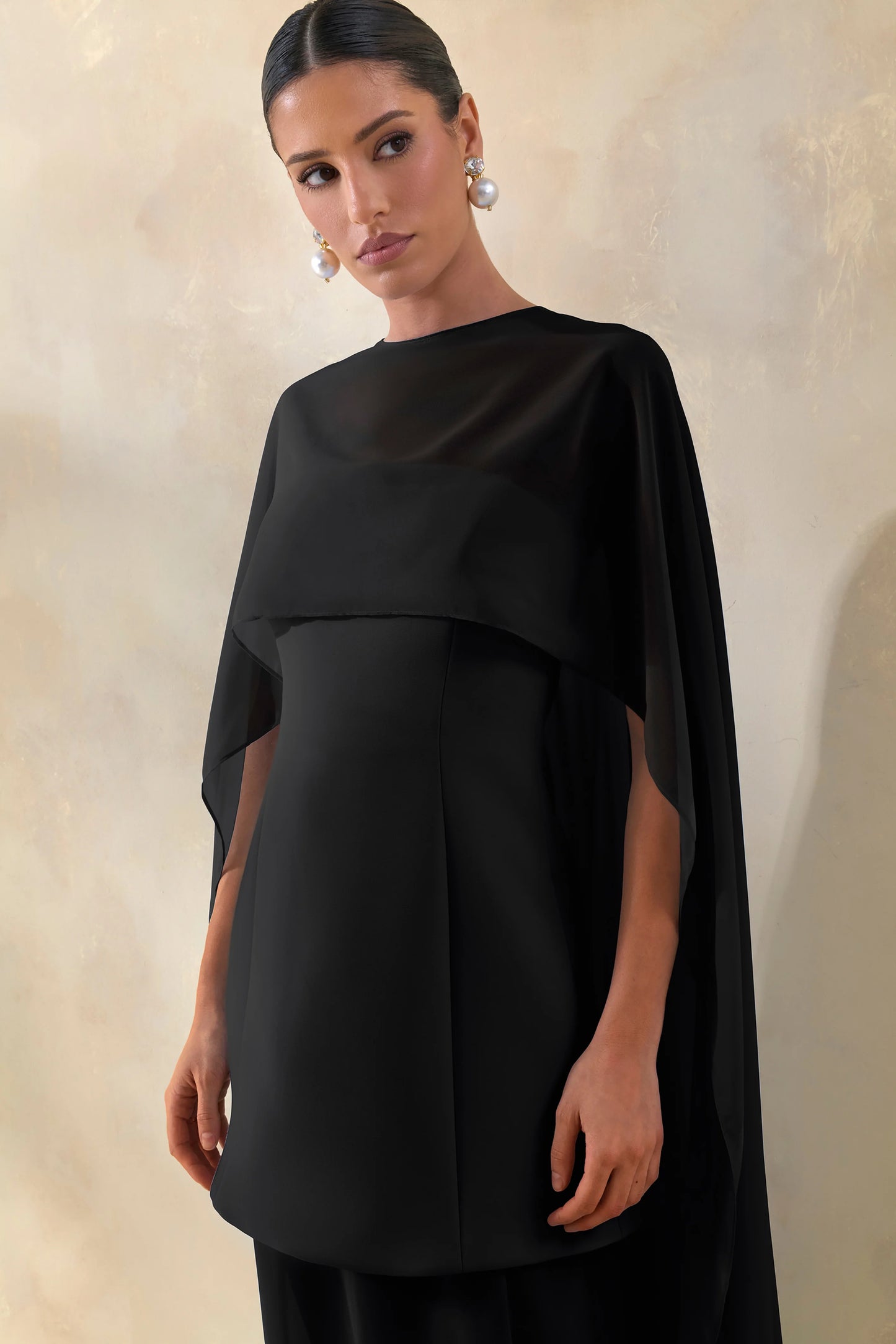 Chessa Black Slashed-Neck Maxi Dress With Sheer Cape