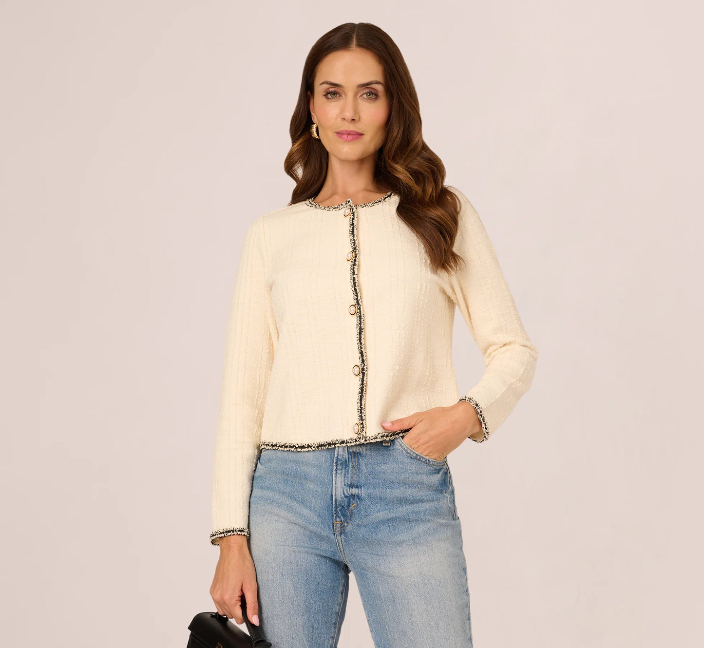 Fringe Trim Boucle Tweed Cardigan Jacket In Ivory Black