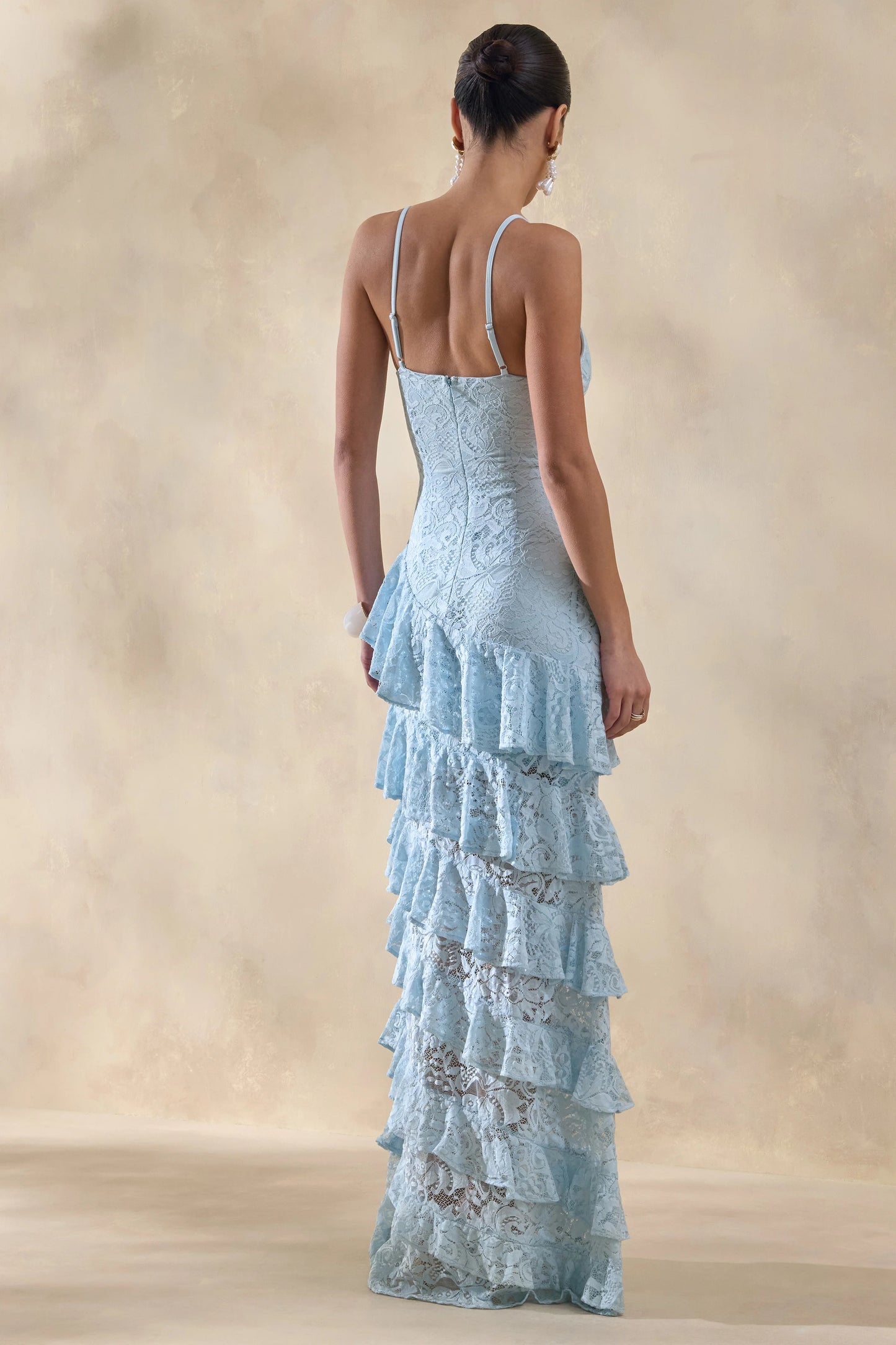 Avelisse Blue Lace Plunge-Neck Maxi Dress With Ruffled Detailing