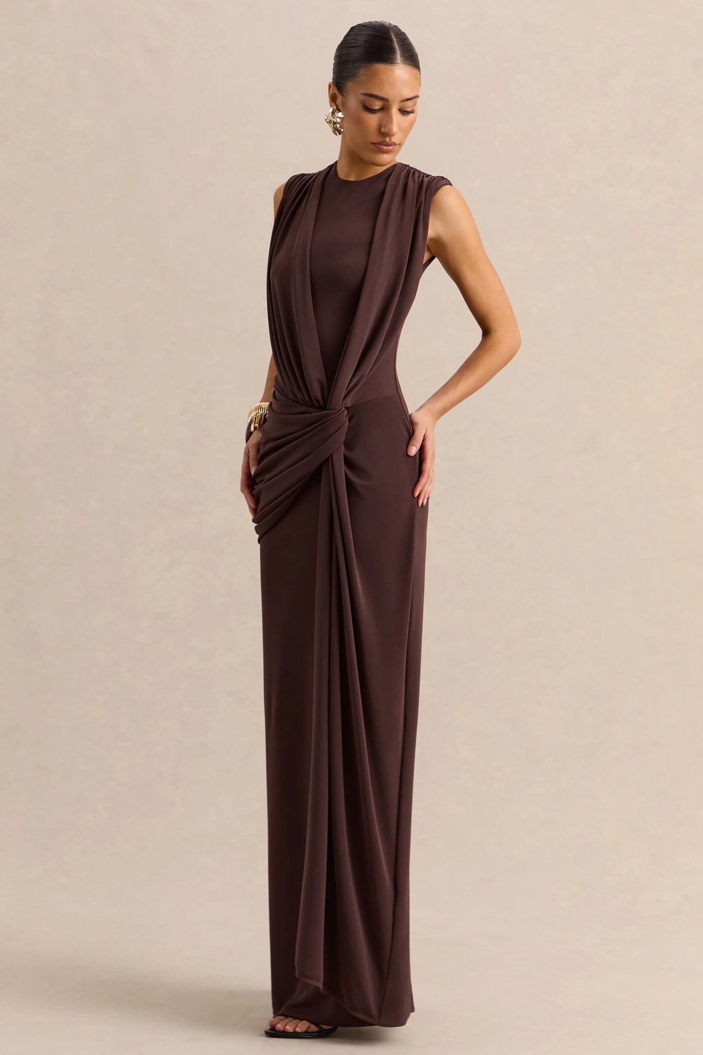 Blythia Brown Round-Neck Maxi Dress With Gathered-Detailing