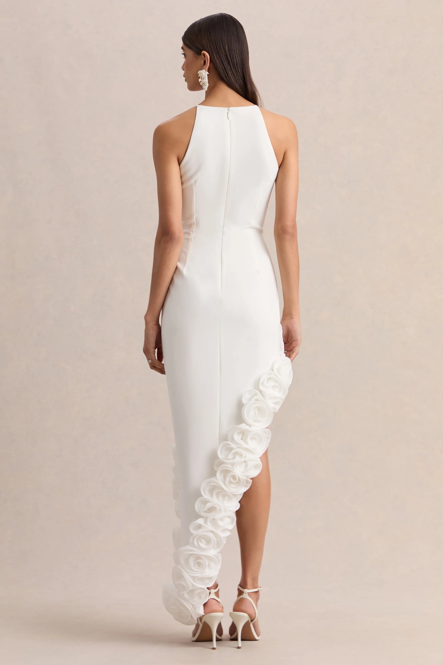 Indira White Halter-Neck Maxi Dress With Asymmetric-Floral Hem