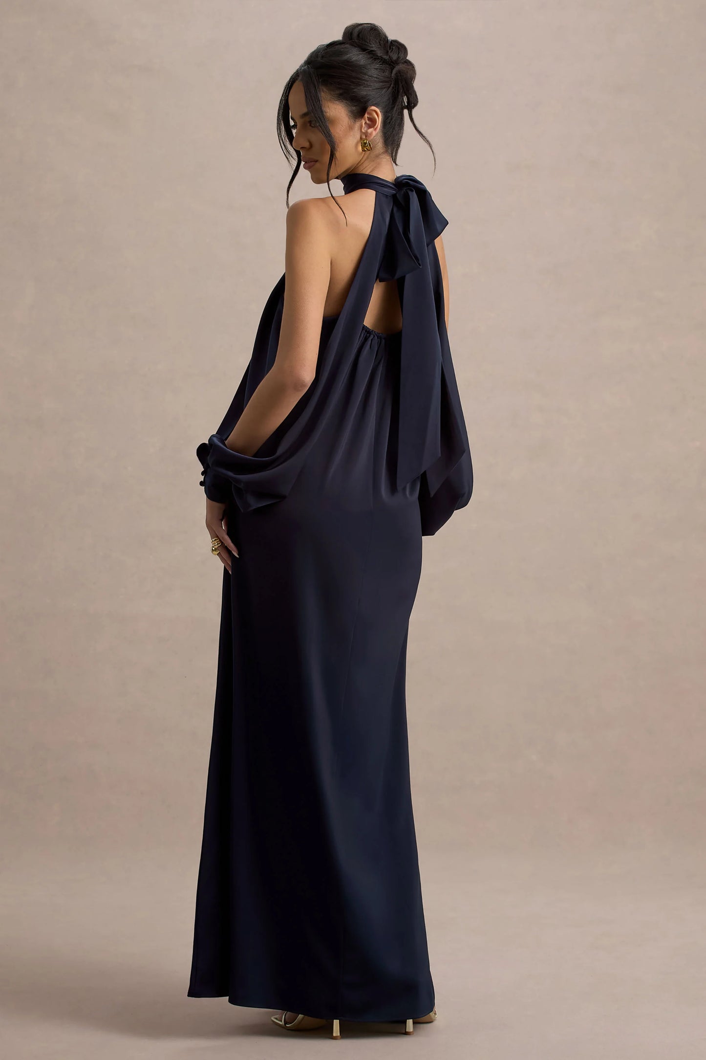 Baila Navy Satin High-Neck Cape-Sleeve Maxi Dress