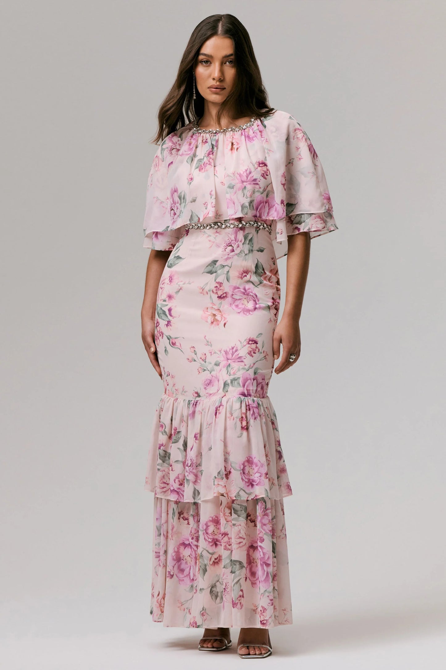 Never Let Go Pink Floral Print Chiffon Maxi Dress With Tiered Hem