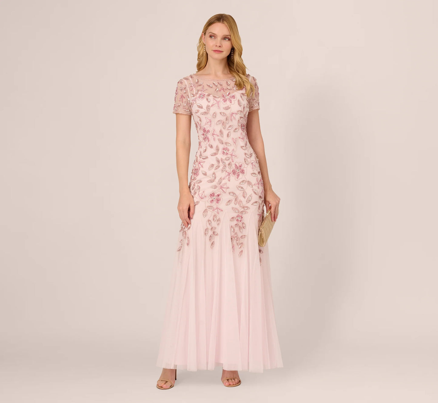 Hand Beaded Short Sleeve Floral Godet Gown In Blush Pink