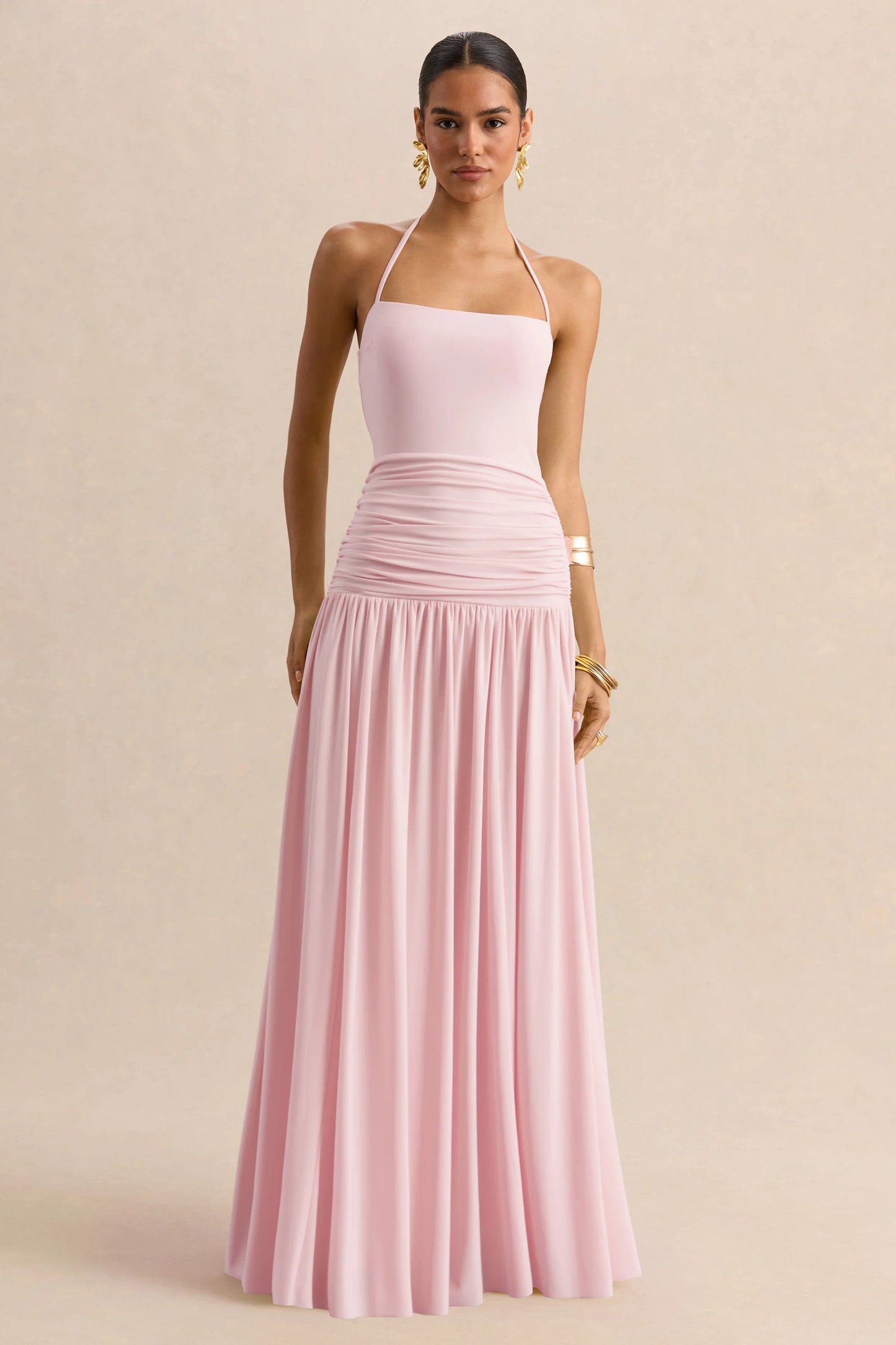 Nicolette Pink Square-Neck Maxi Dress With Ruched-Detailing