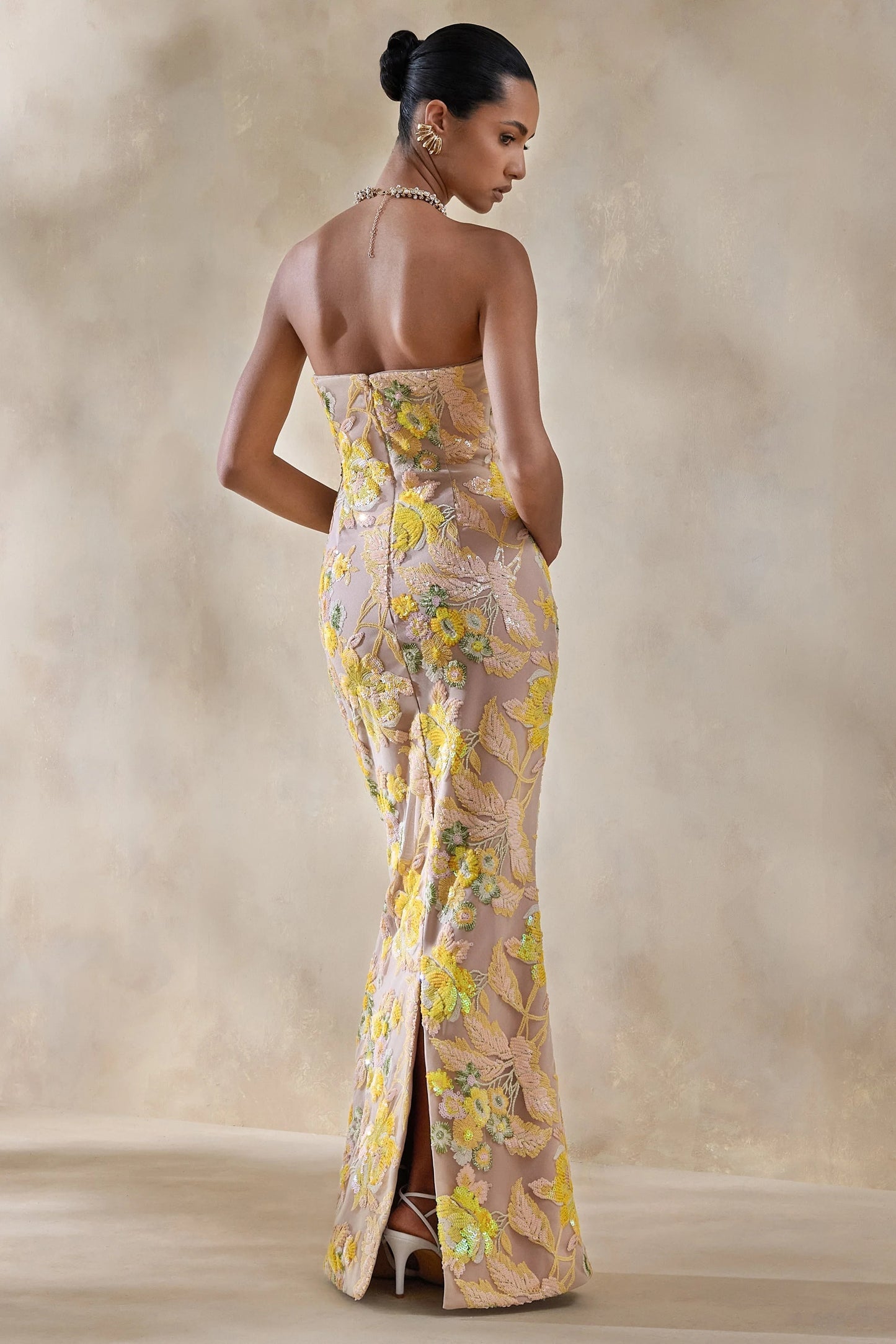 Severn Yellow Embellished Floral Bandeau Maxi Dress
