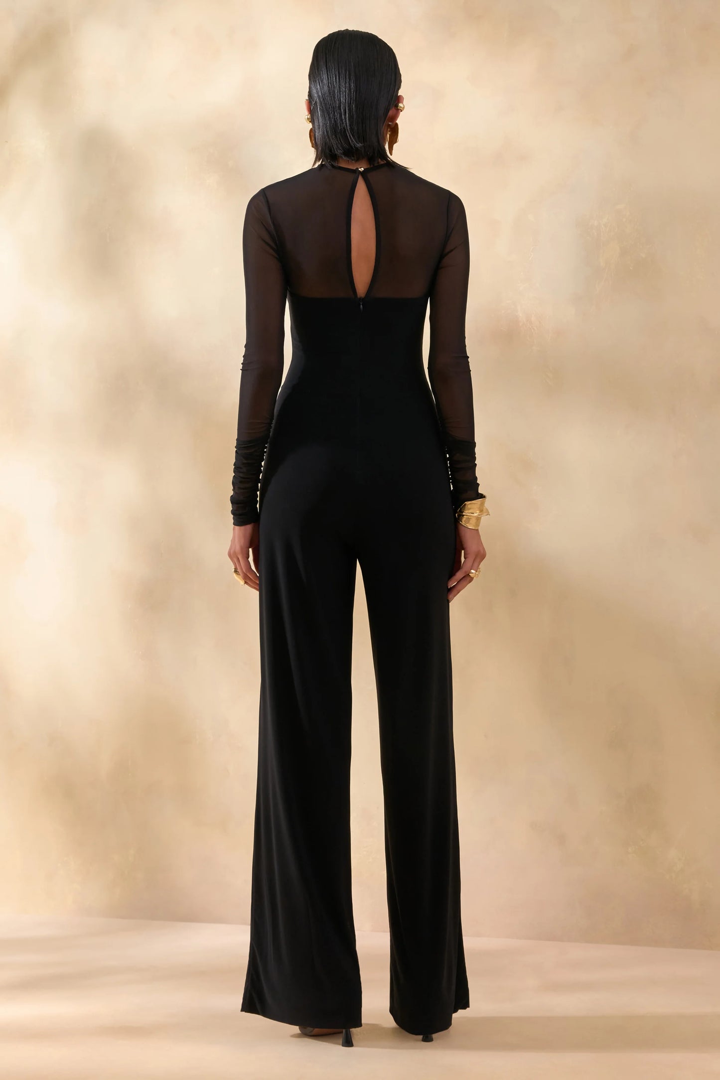 Emeria Black High-Neck Jumpsuit With Long Mesh-Sleeves