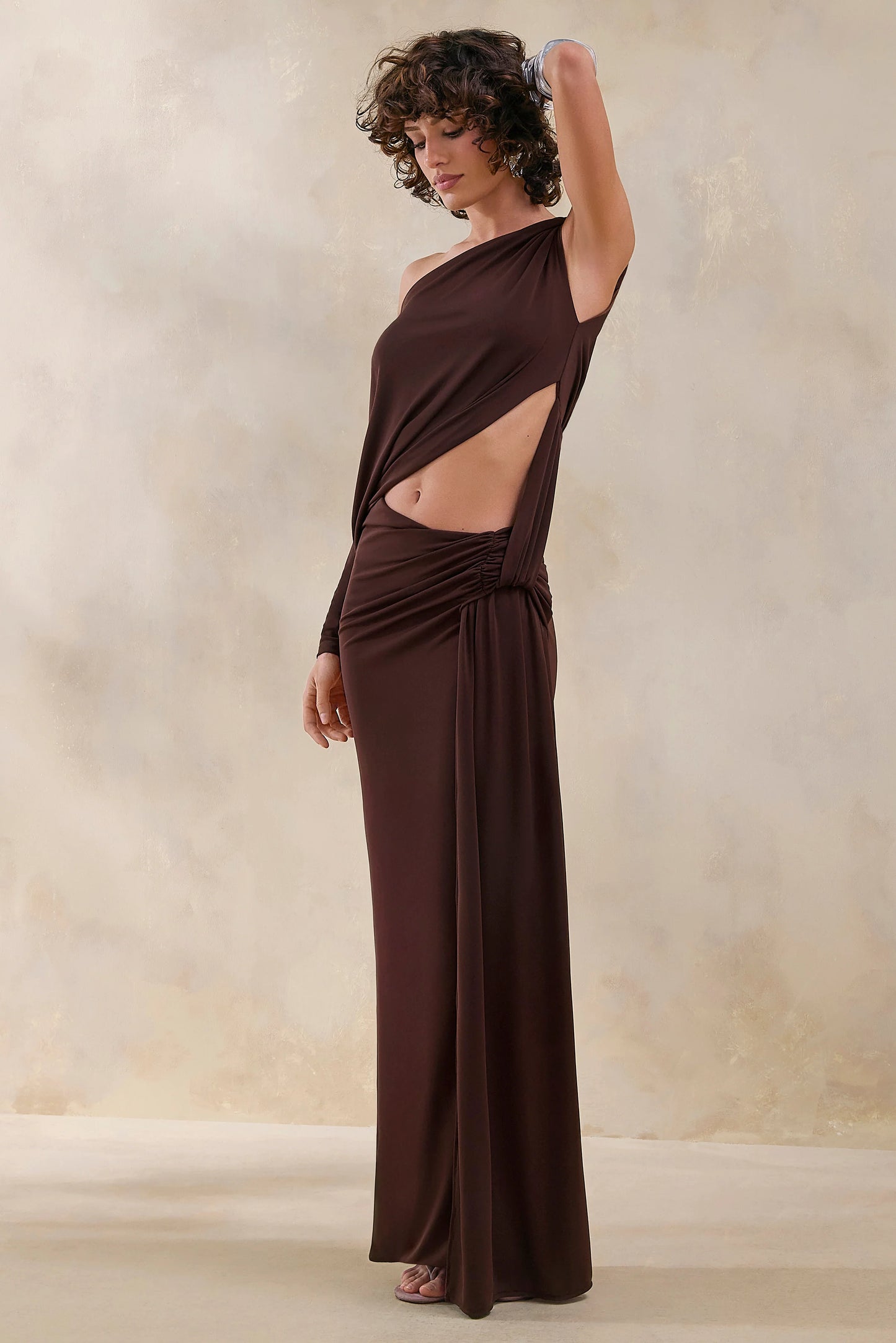 Layla Brown Asymmetric-Neck Wrap Maxi Dress With Body Cut-Out And Ruched Detailing