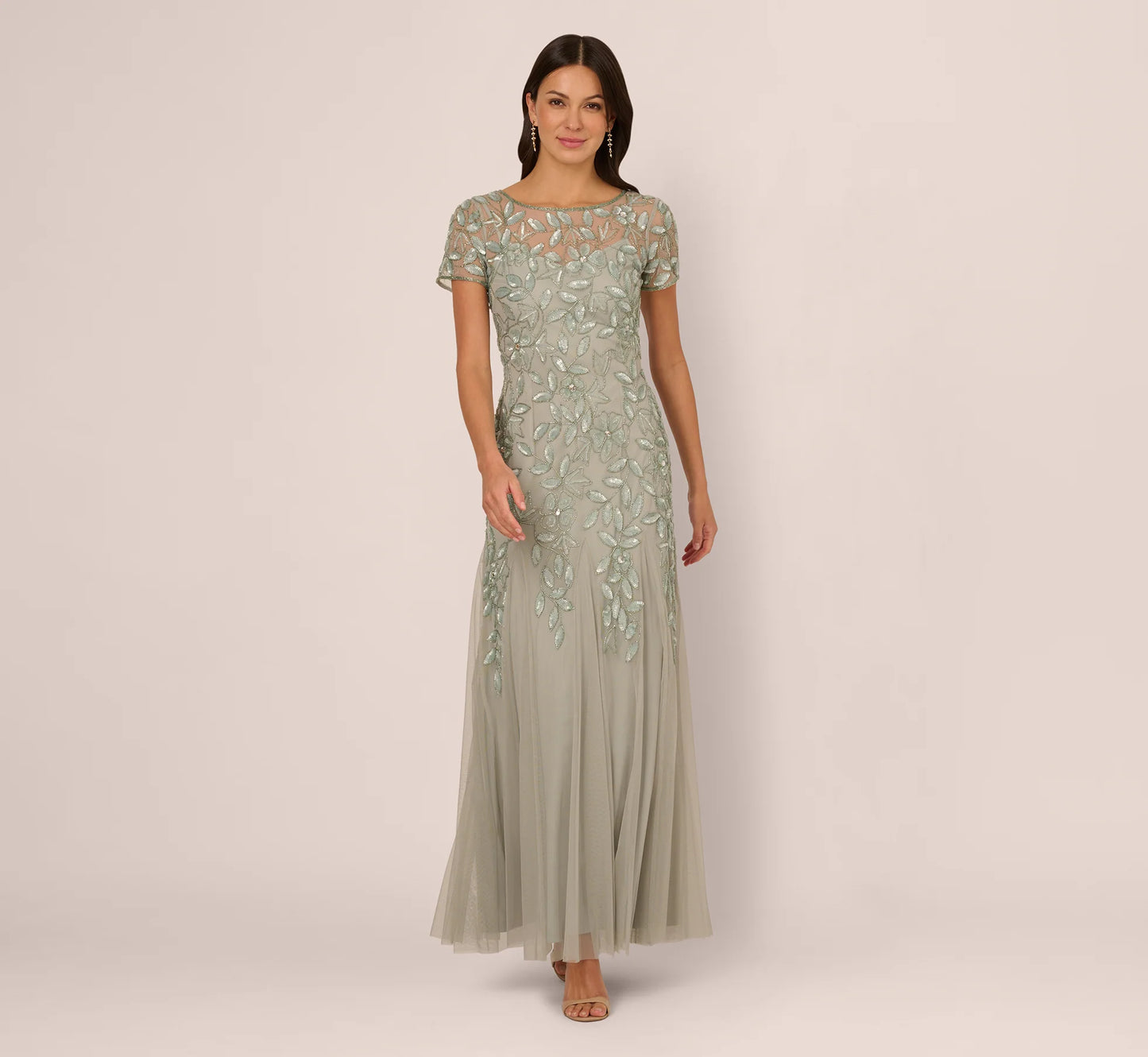 Hand Beaded Short Sleeve Floral Godet Gown In Frosted Sage