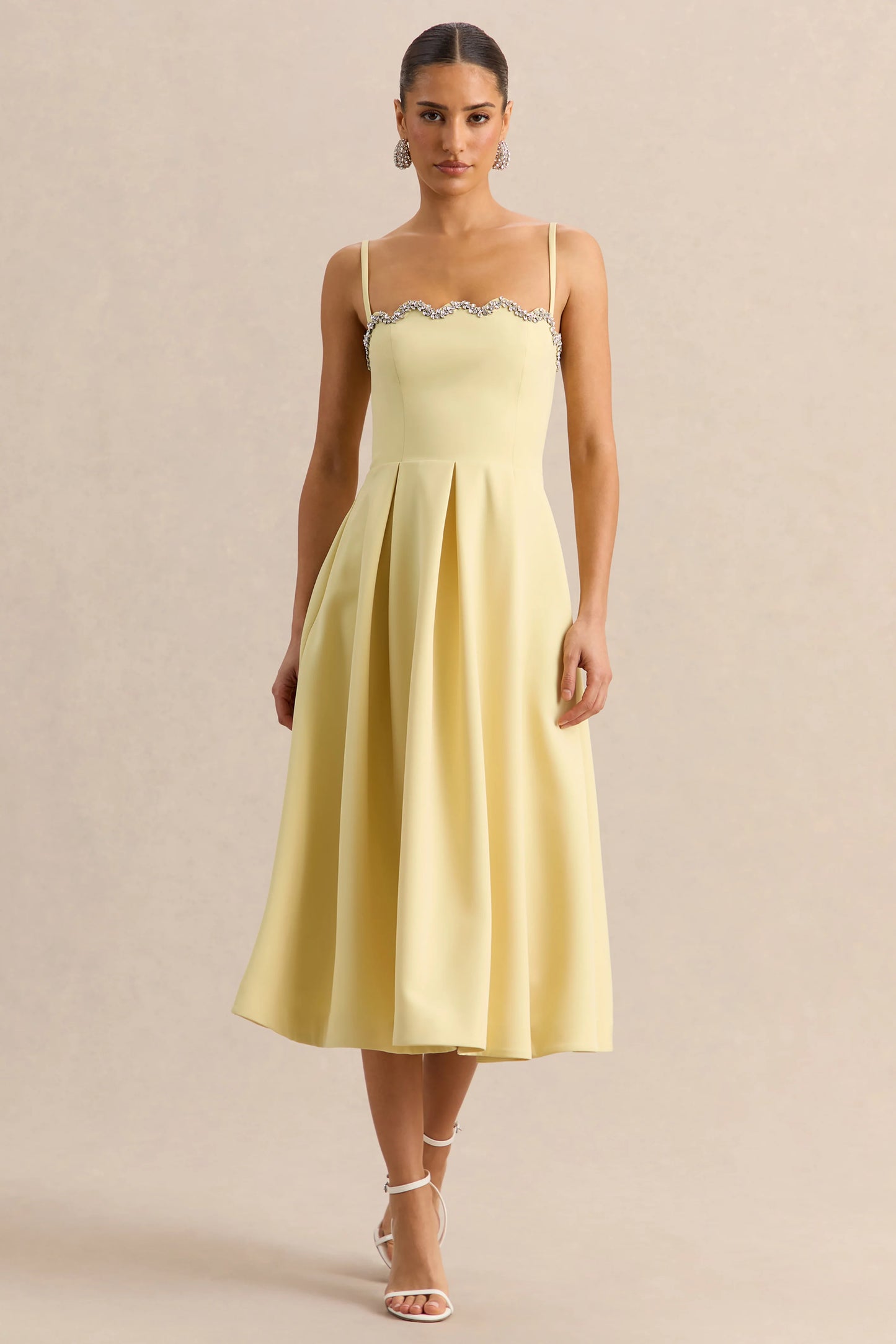 Evoria Lemon Scalloped Square-Neck Midi Dress