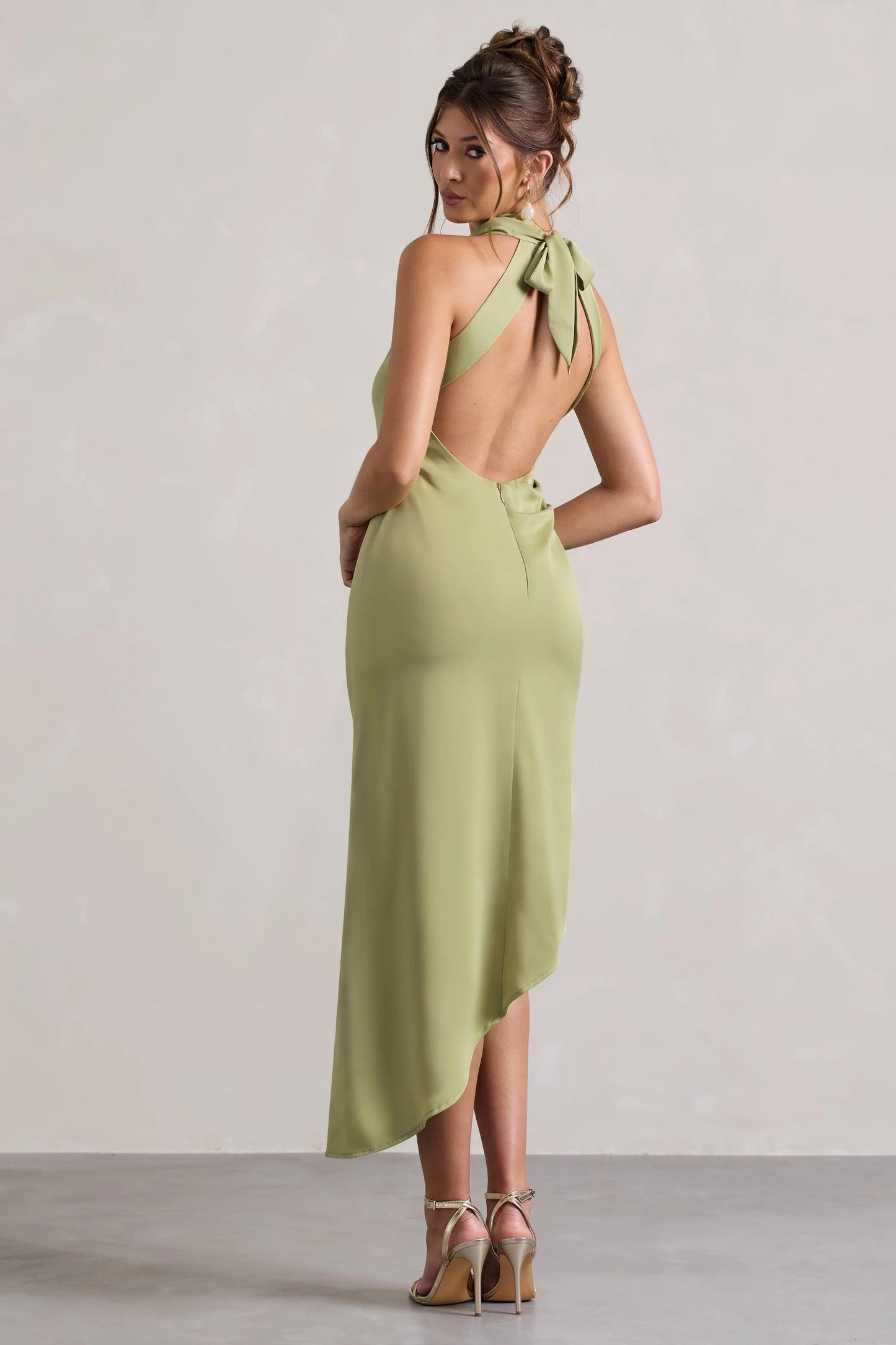 Sophina Light Olive Satin Cowl-Neck Asymmetric Midi Dress