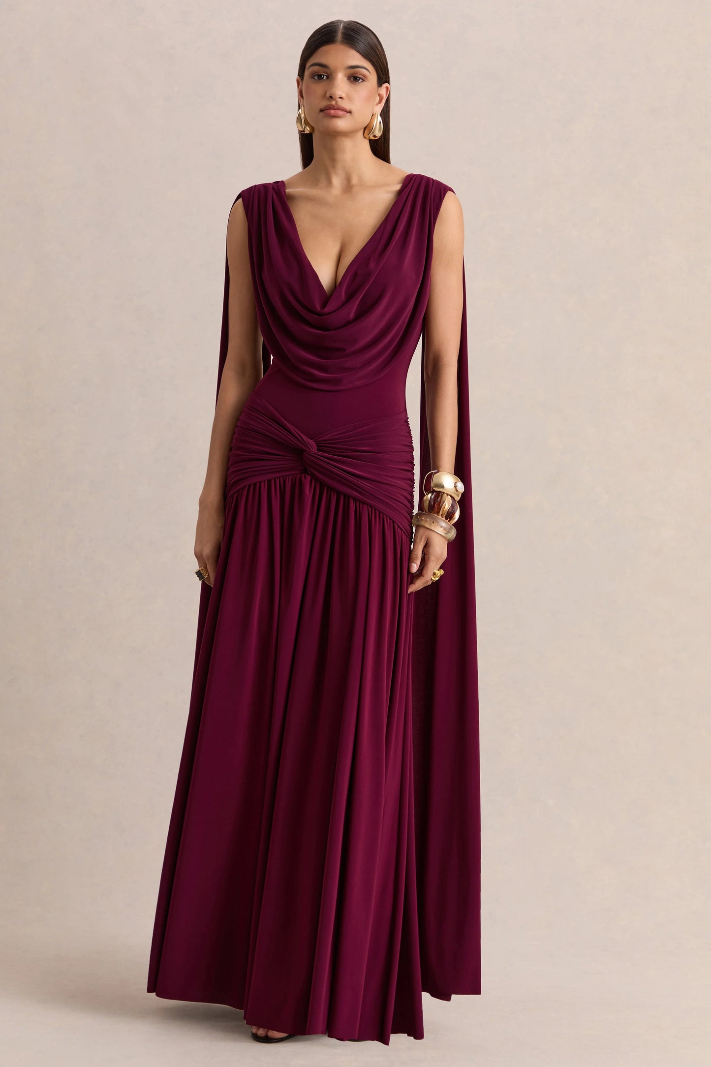 Amelisse Burgundy Plunge-Neck Maxi Dress With Ruched-Detailing
