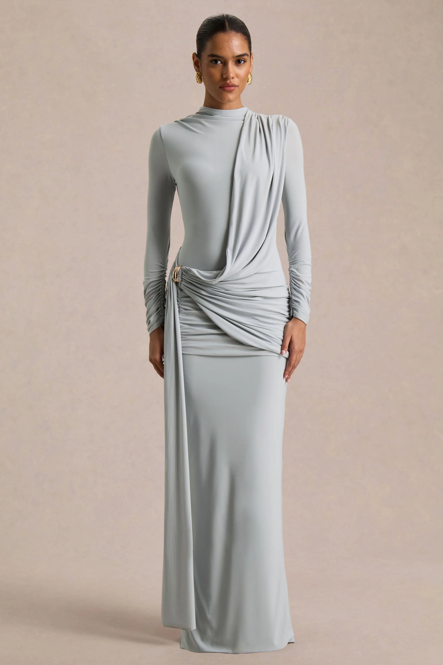 Melissa Blue Long-Sleeve Wrap Maxi Dress With Draped Detailing