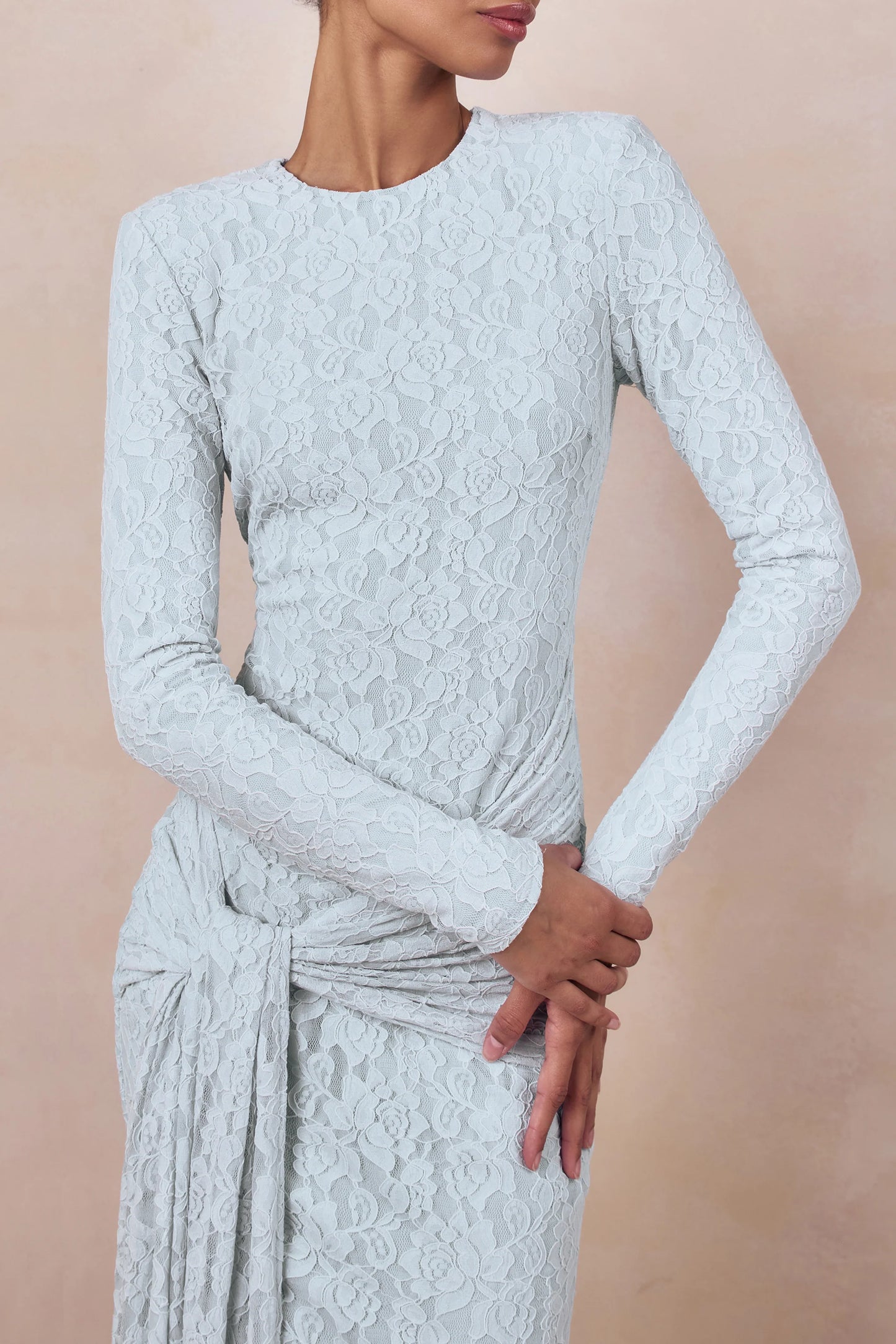 Evangela Powder Blue Lace Crew-Neck Maxi Dress With Wrap-Detail